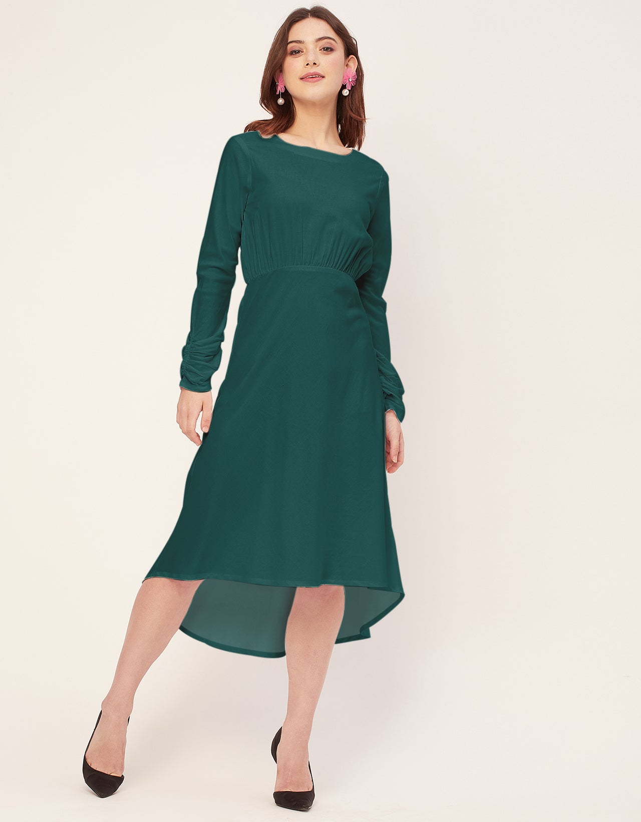 Solid Rayon Long Sleeve Fit & Flare Dress