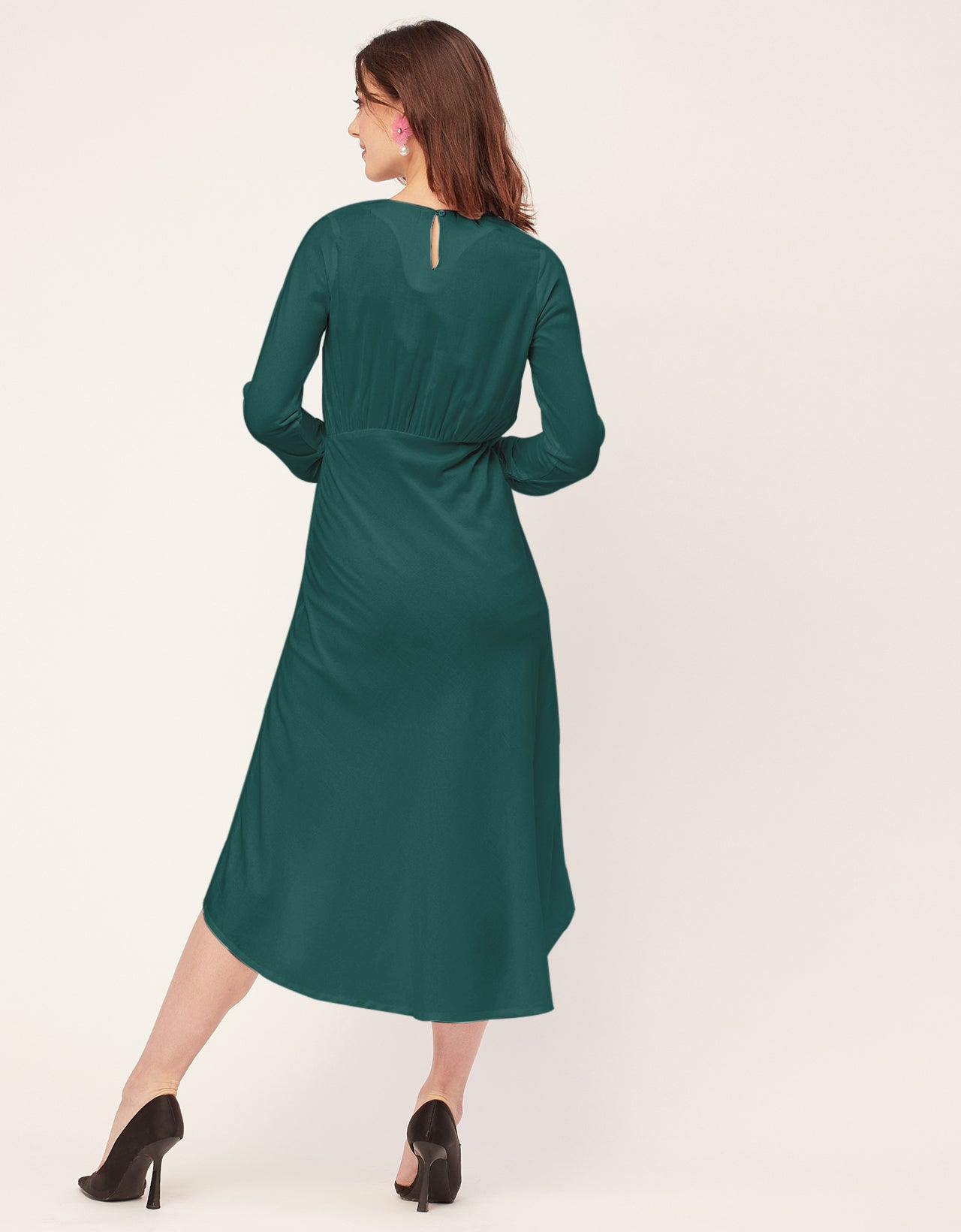 Solid Rayon Long Sleeve Fit & Flare Dress