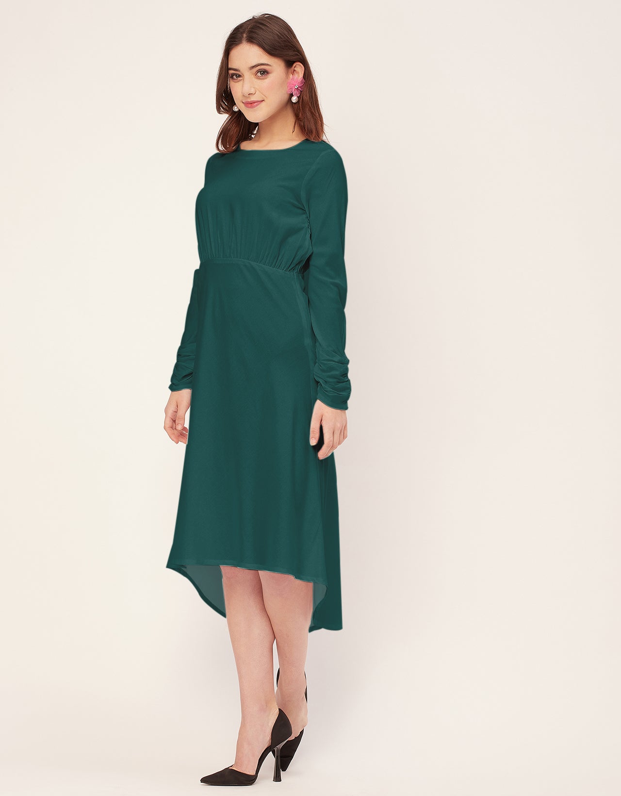Solid Rayon Long Sleeve Fit & Flare Dress