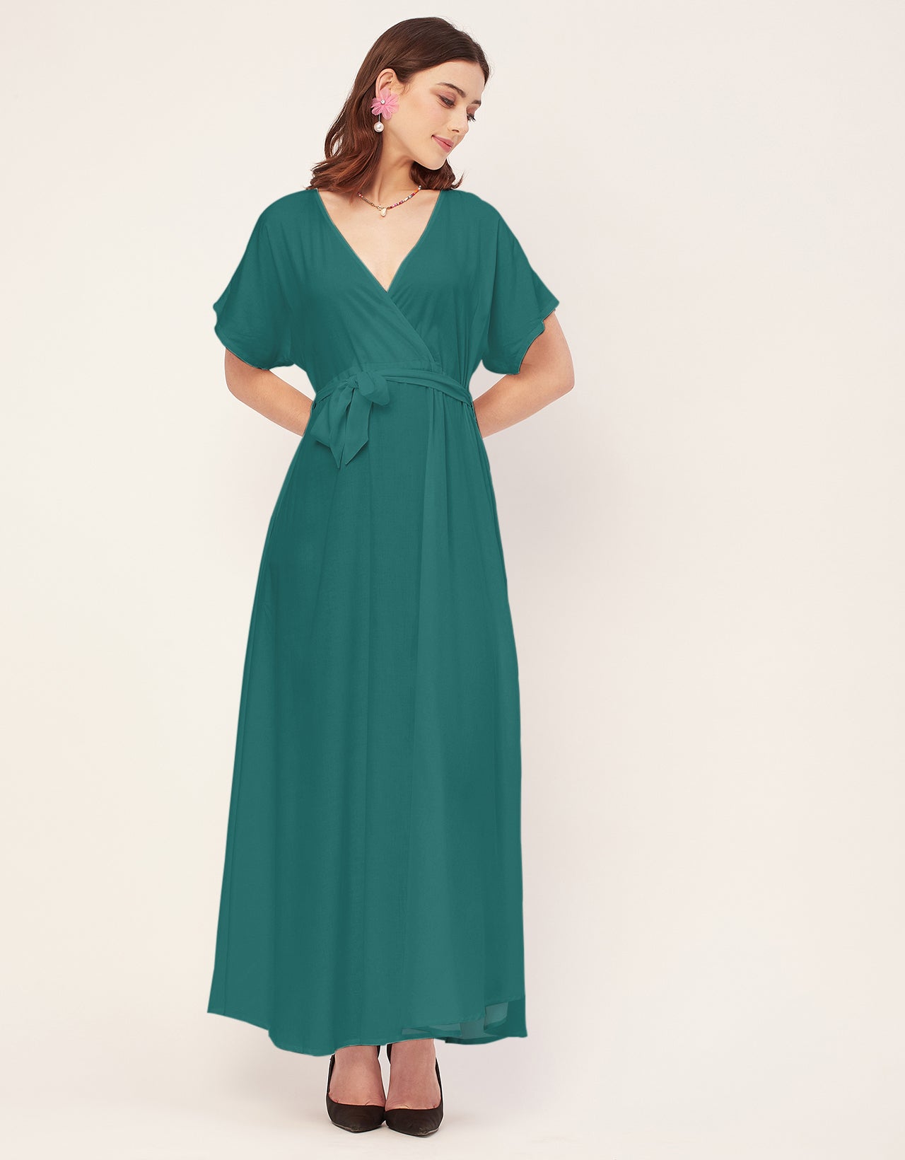 Solid Rayon Short Sleeve Fit & Flare Dress