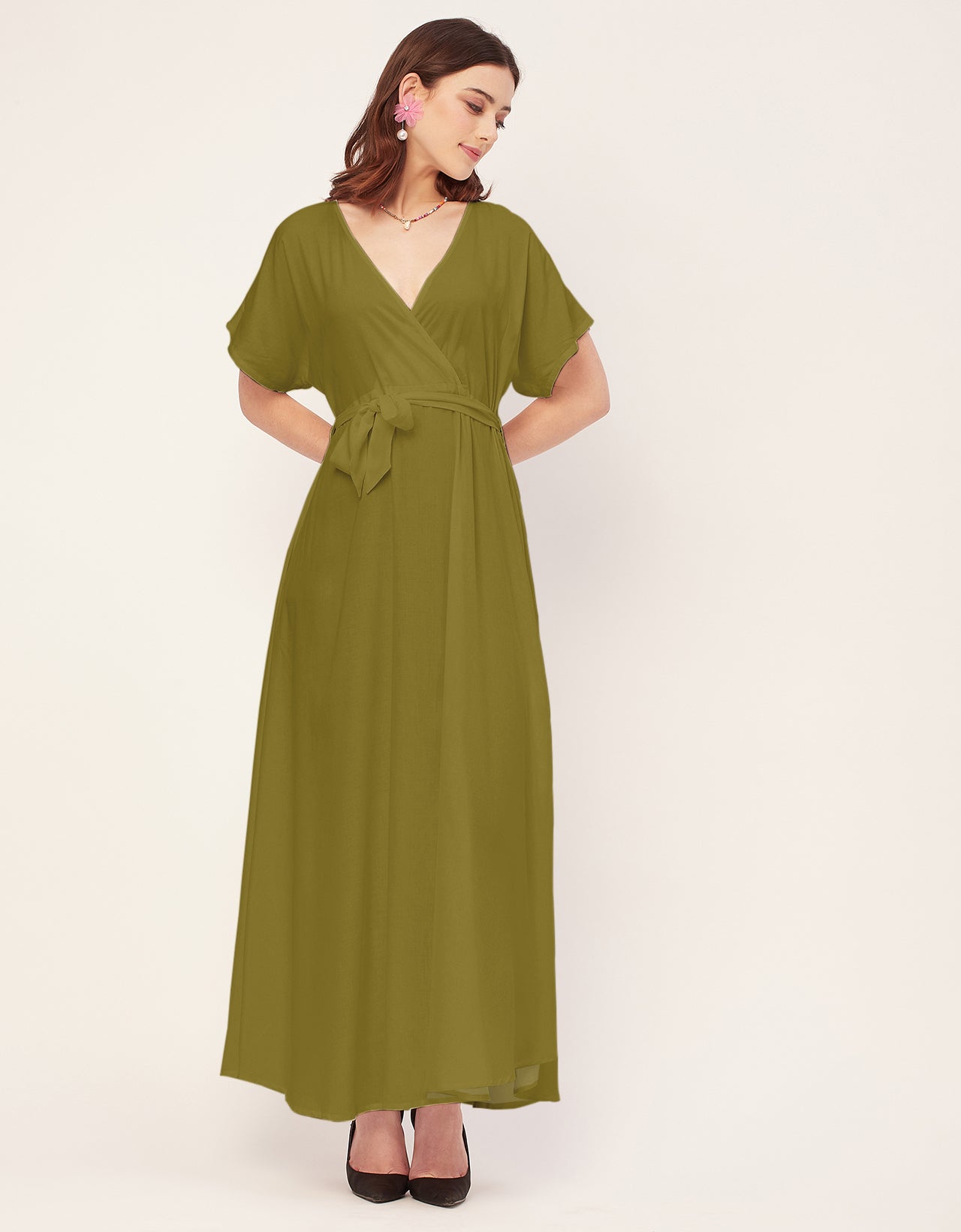Solid Rayon Short Sleeve Fit & Flare Dress