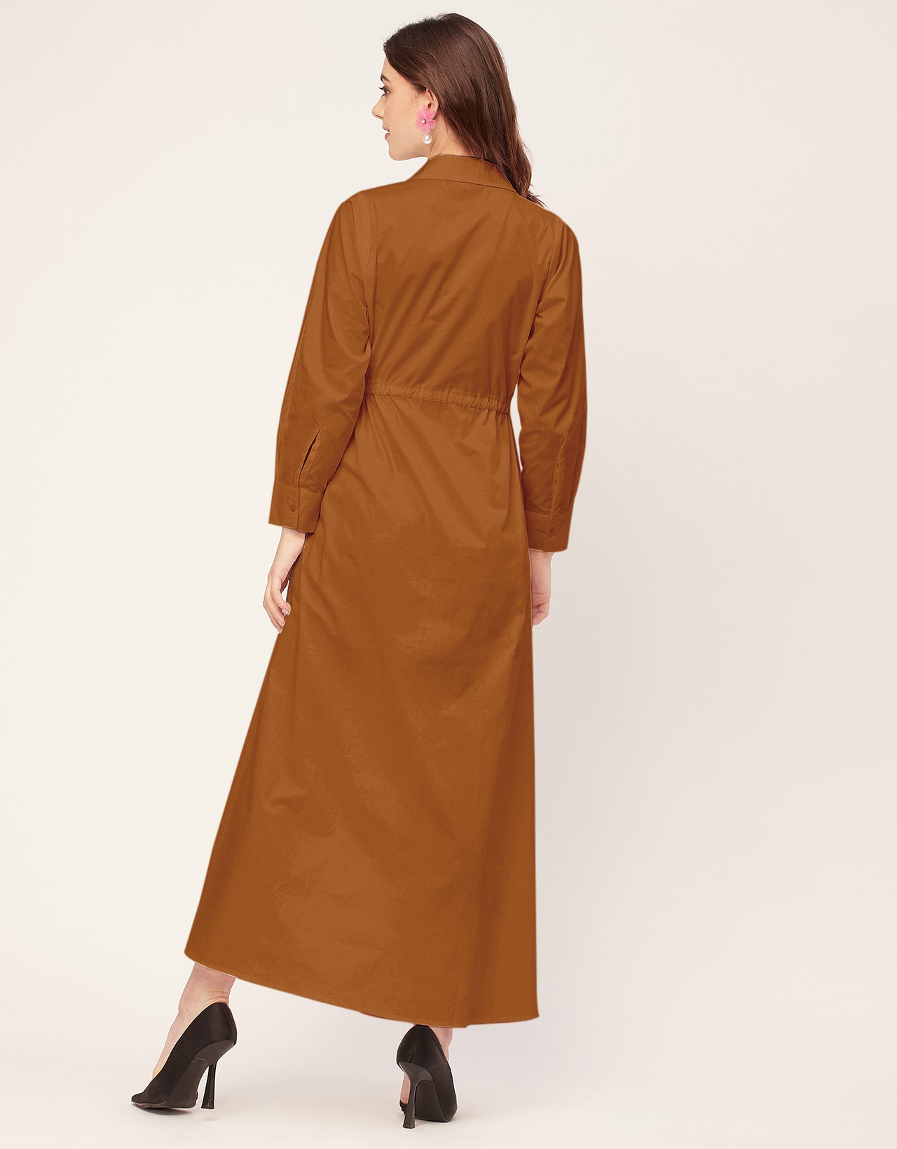 Classic Solid Cotton Long Sleeve A-Line Dress