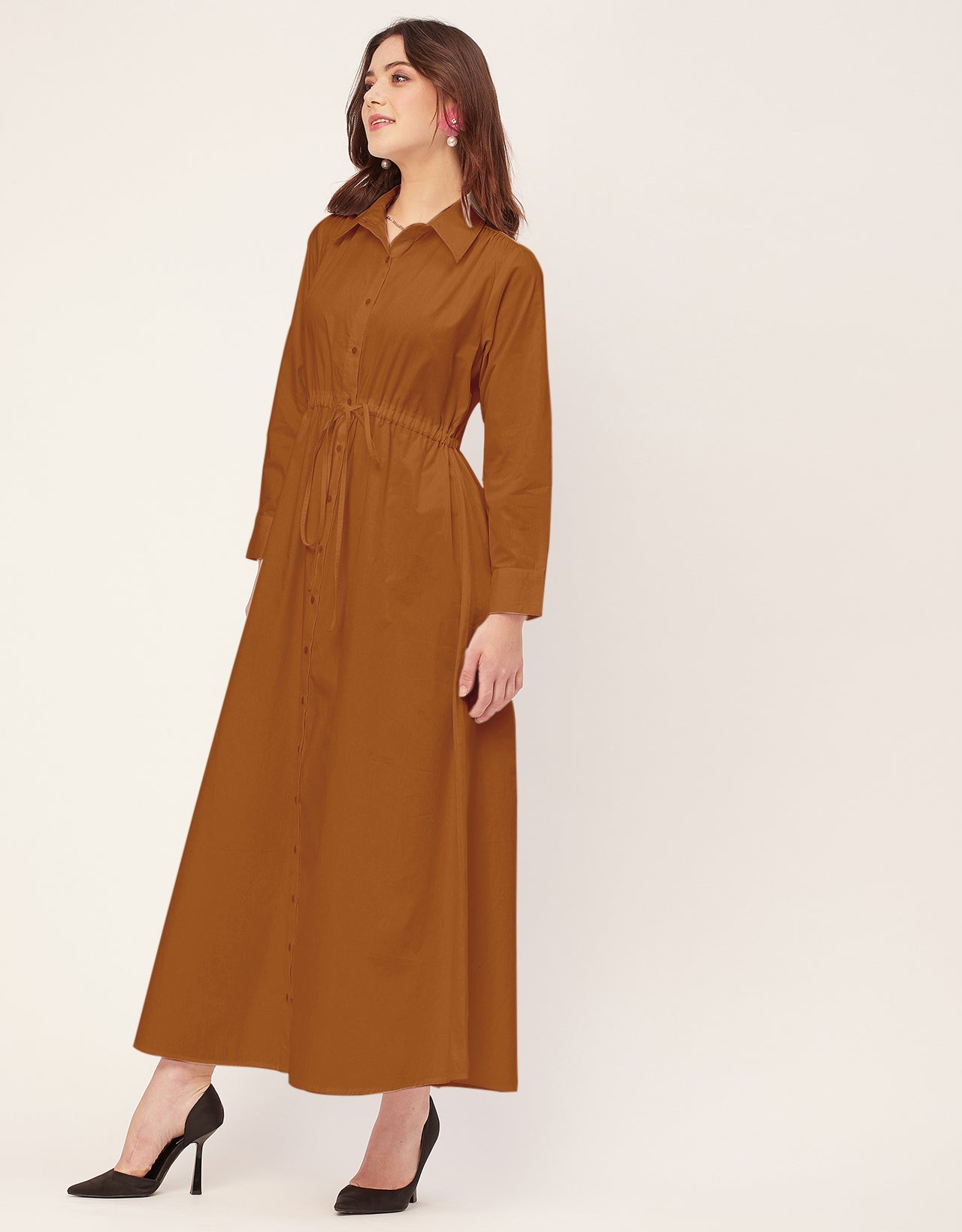 Classic Solid Cotton Long Sleeve A-Line Dress