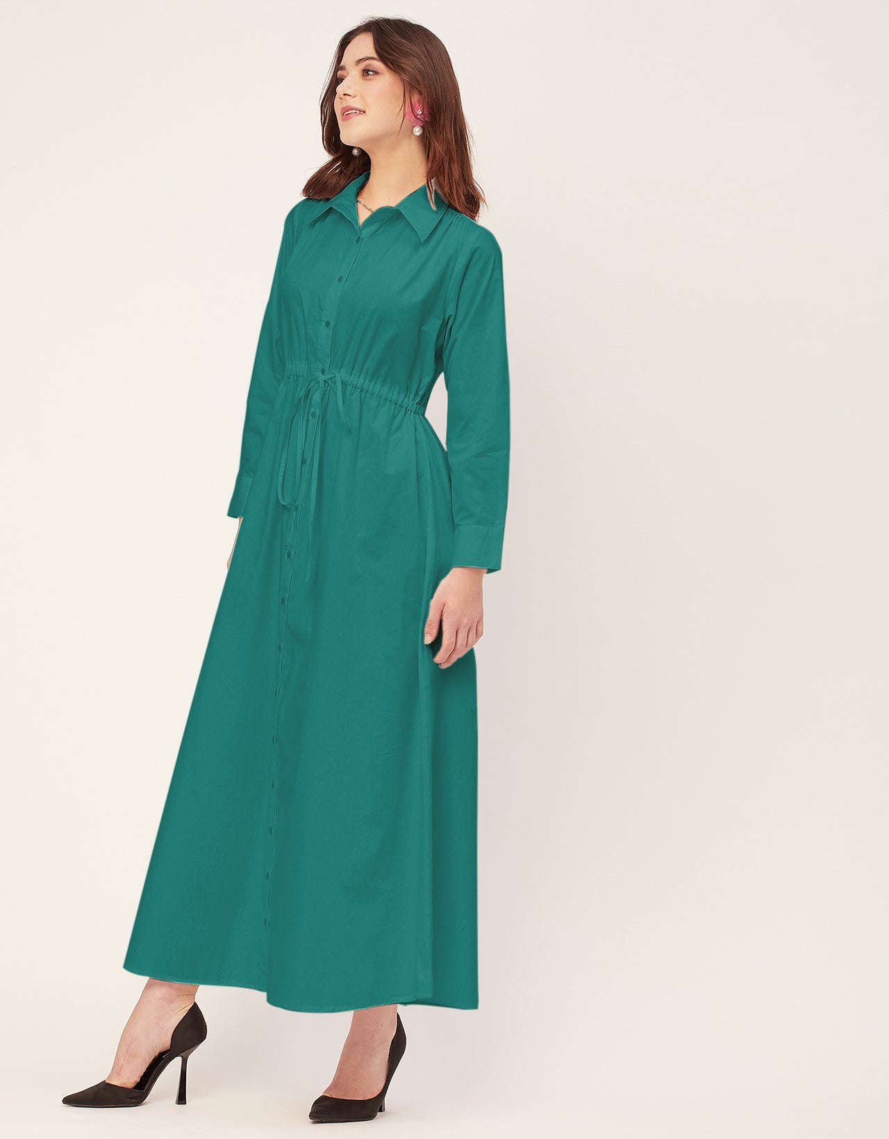 Classic Solid Cotton Long Sleeve A-Line Dress