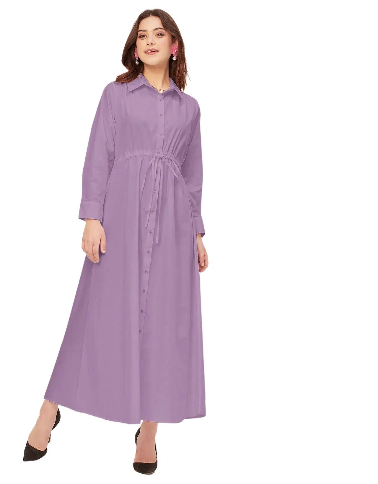 Classic Solid Cotton Long Sleeve A-Line Dress