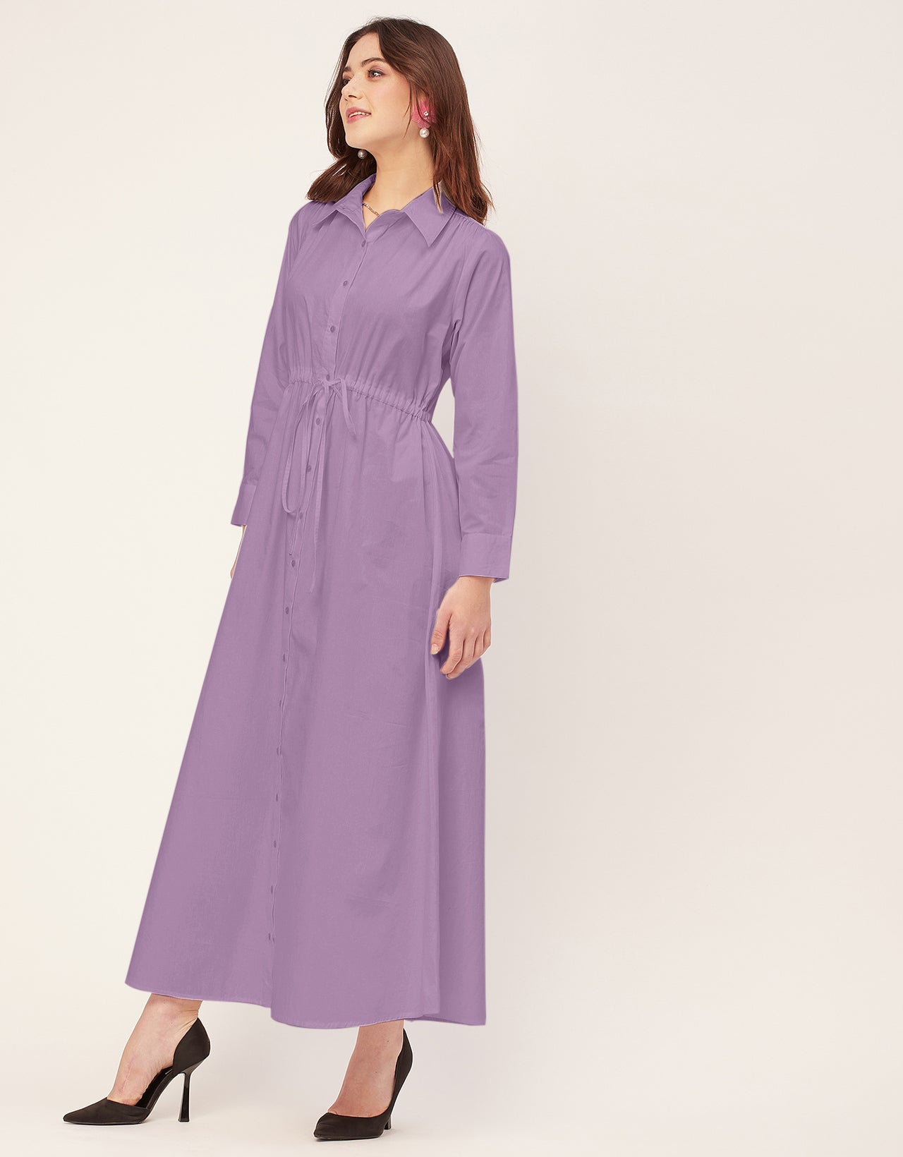 Classic Solid Cotton Long Sleeve A-Line Dress