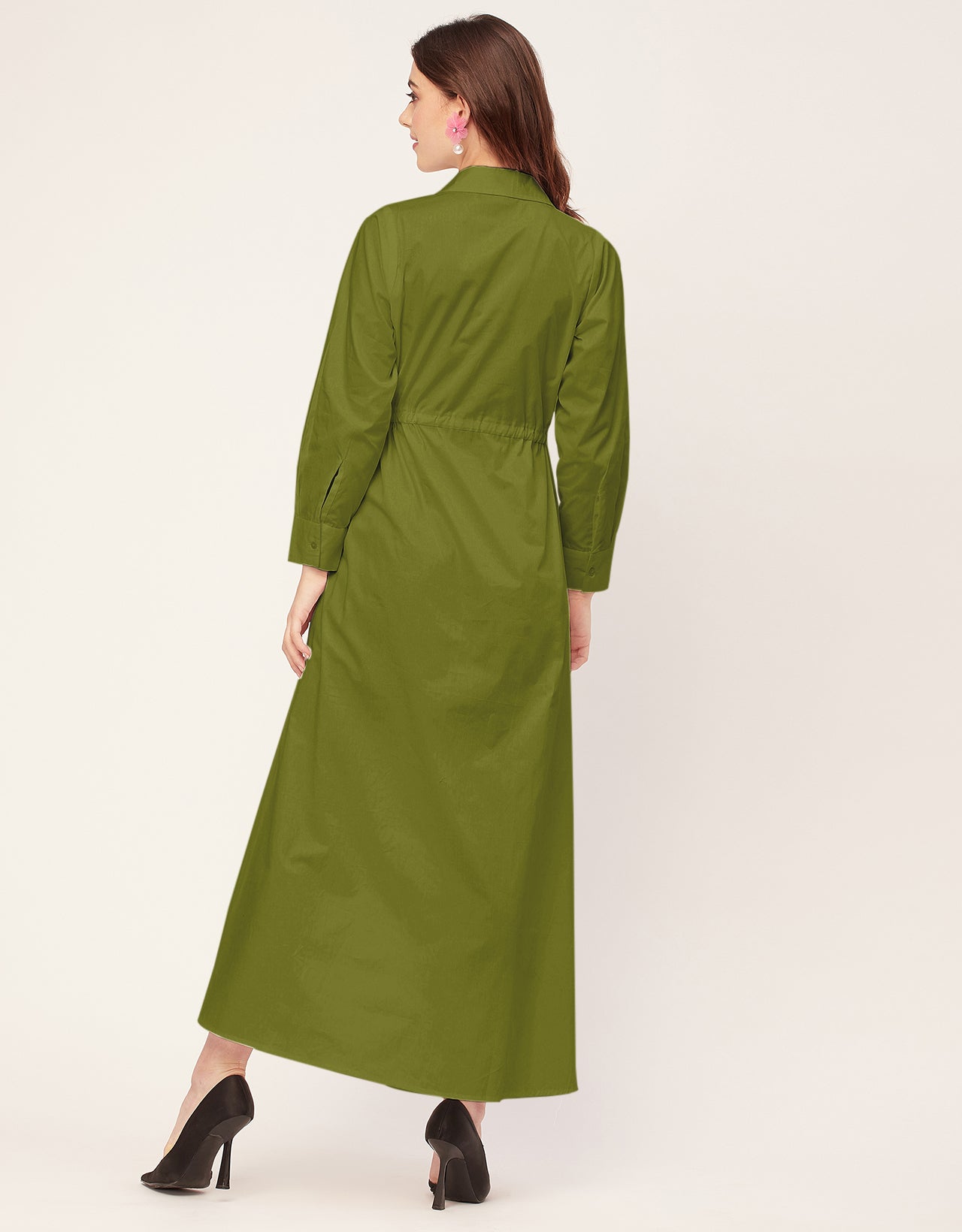 Classic Solid Cotton Long Sleeve A-Line Dress