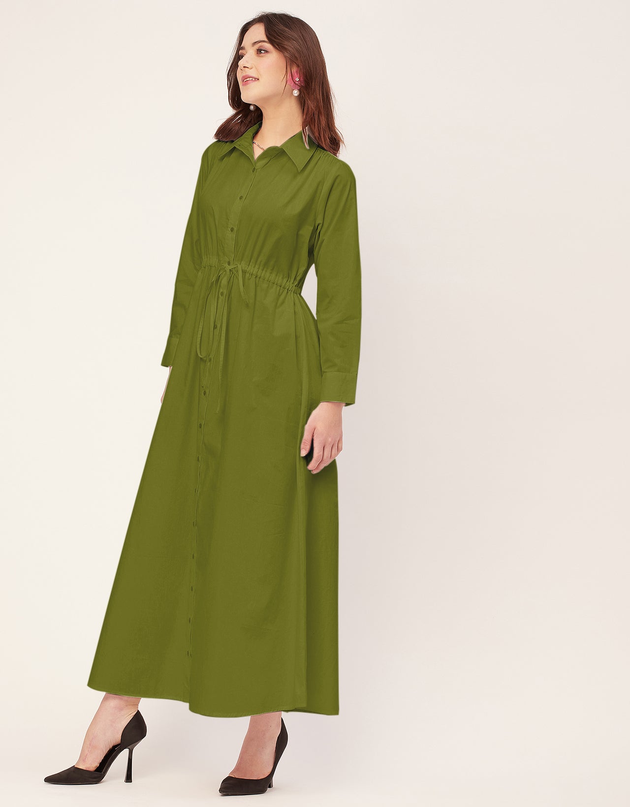 Classic Solid Cotton Long Sleeve A-Line Dress