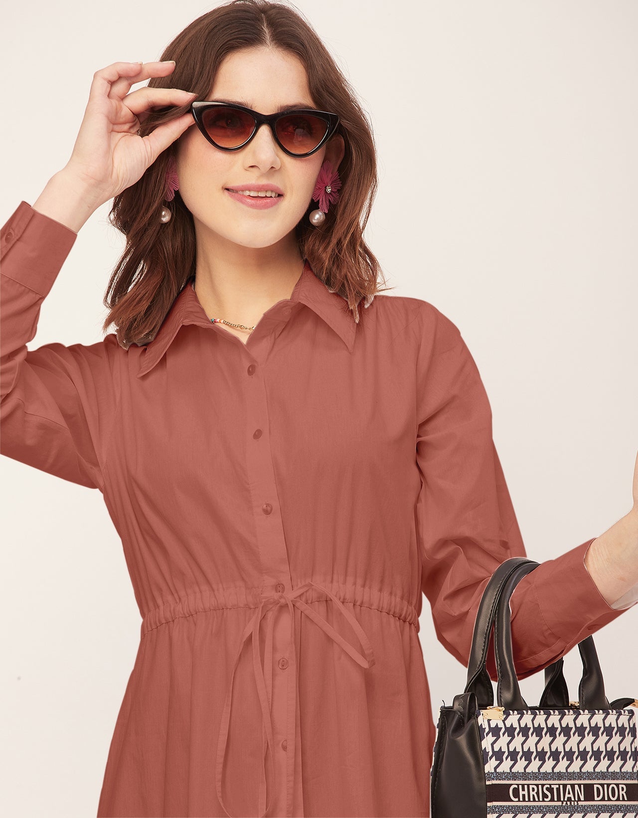 Classic Solid Cotton Long Sleeve A-Line Dress