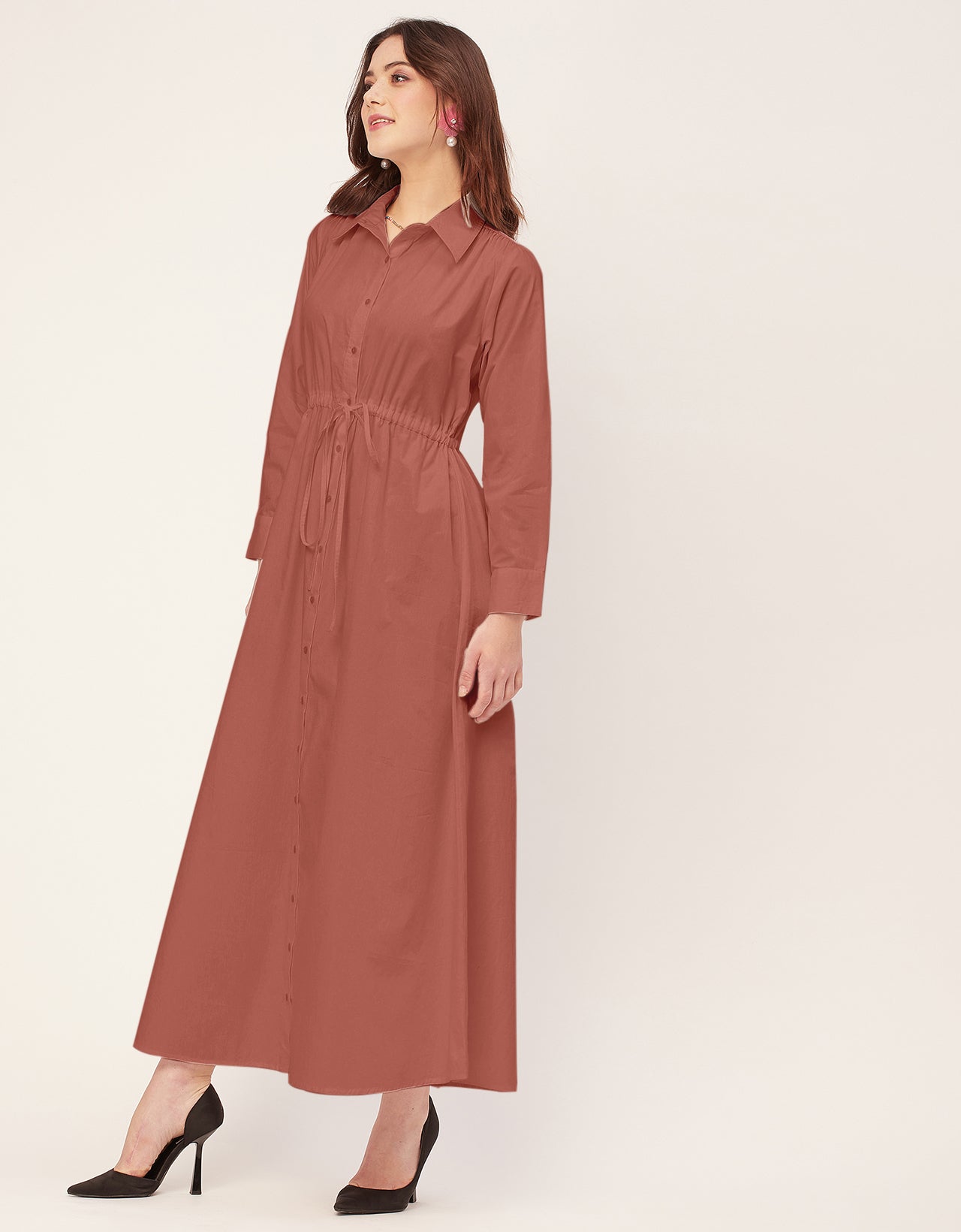 Classic Solid Cotton Long Sleeve A-Line Dress
