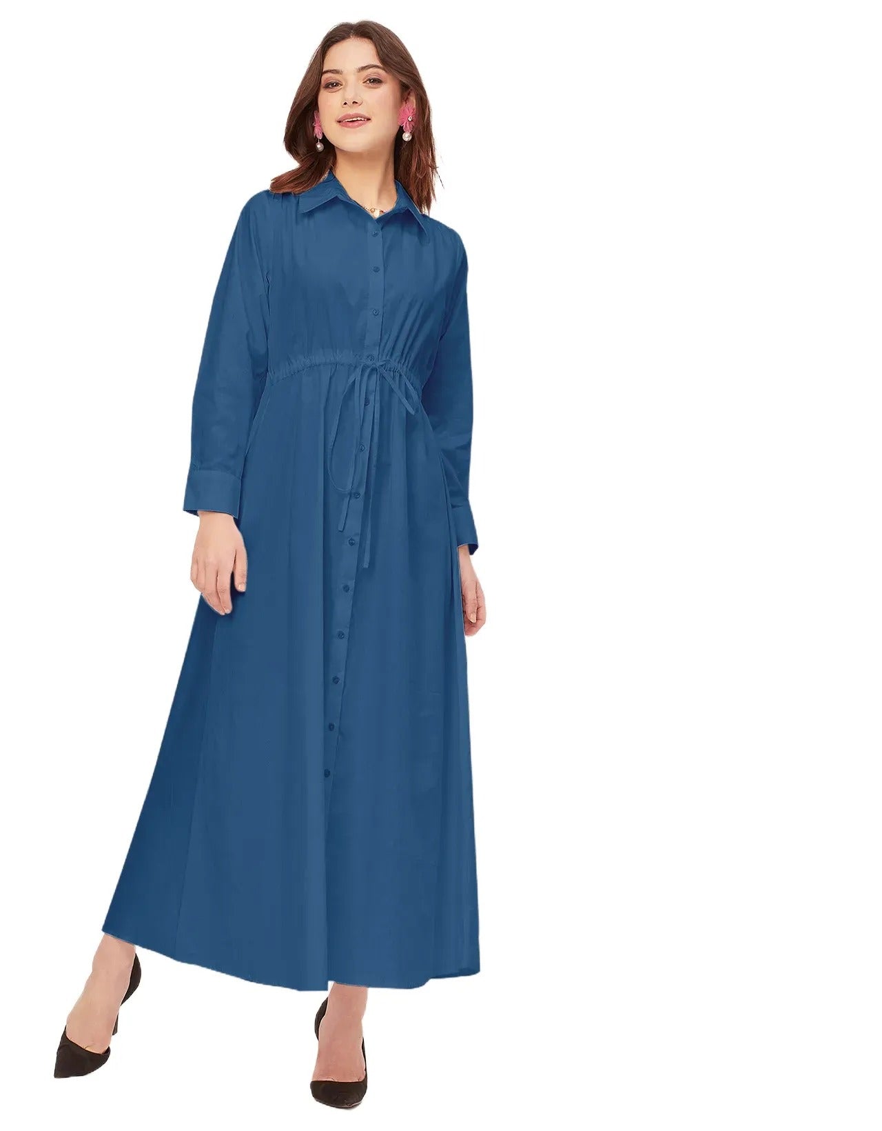 Classic Solid Cotton Long Sleeve A-Line Dress