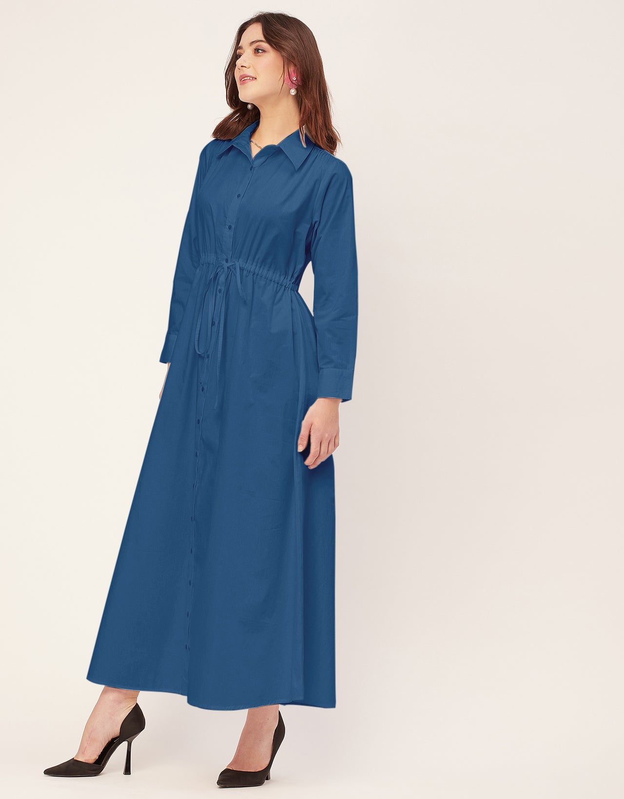 Classic Solid Cotton Long Sleeve A-Line Dress
