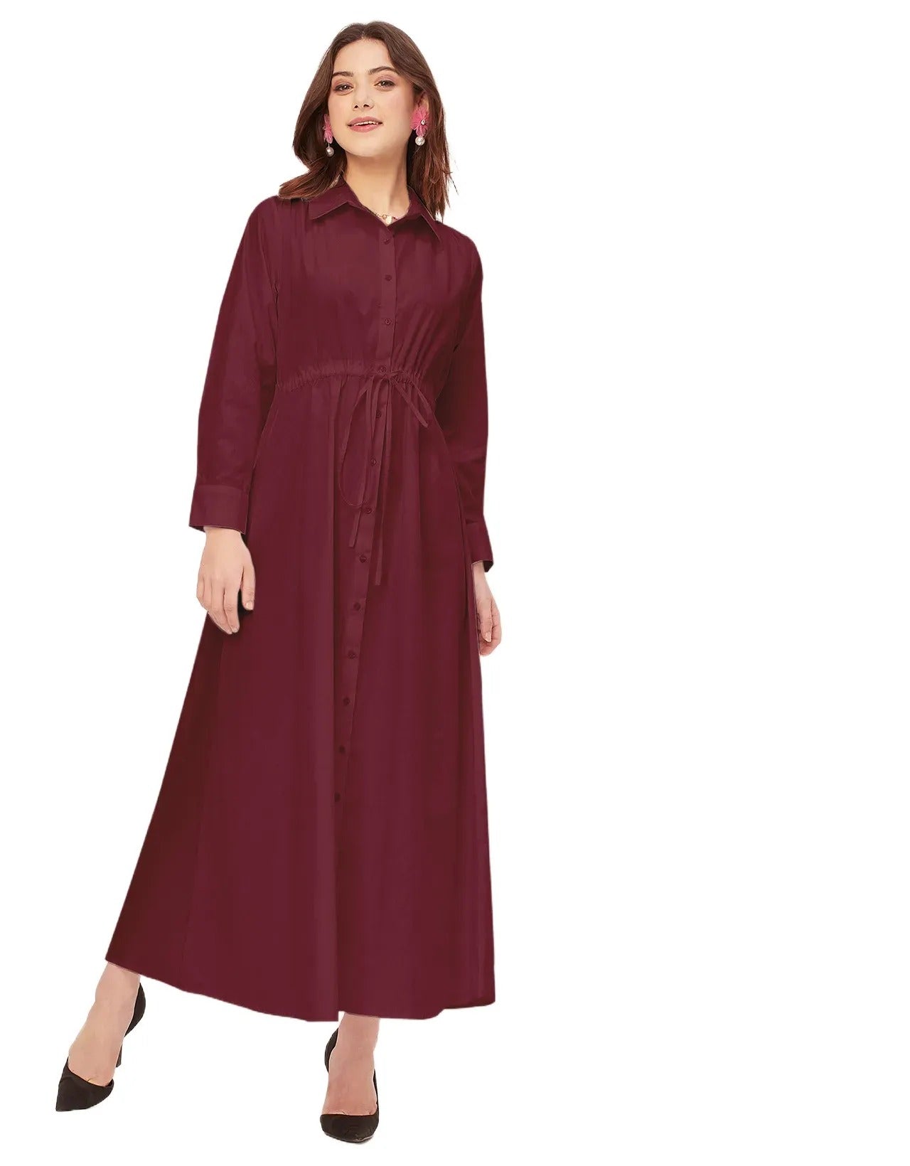 Classic Solid Cotton Long Sleeve A-Line Dress