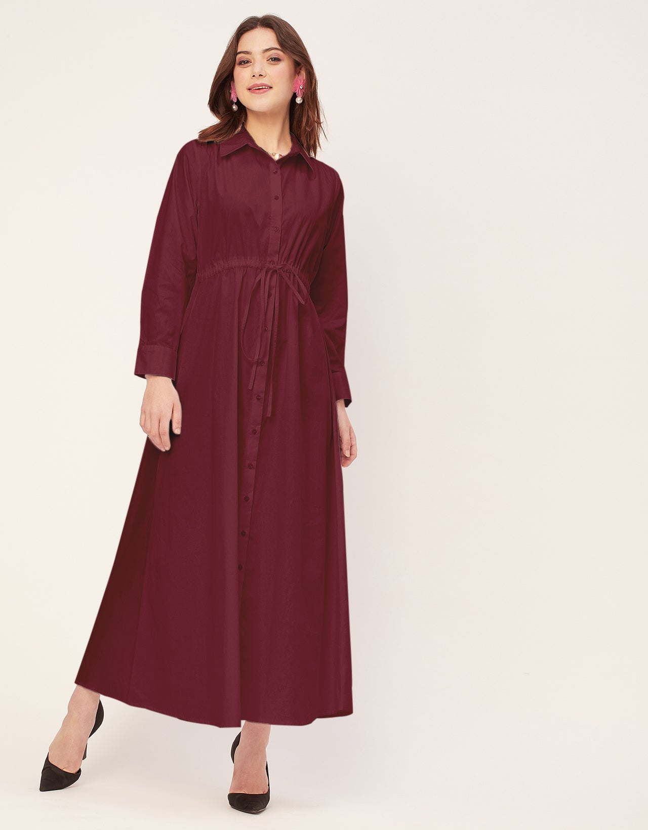 Classic Solid Cotton Long Sleeve A-Line Dress