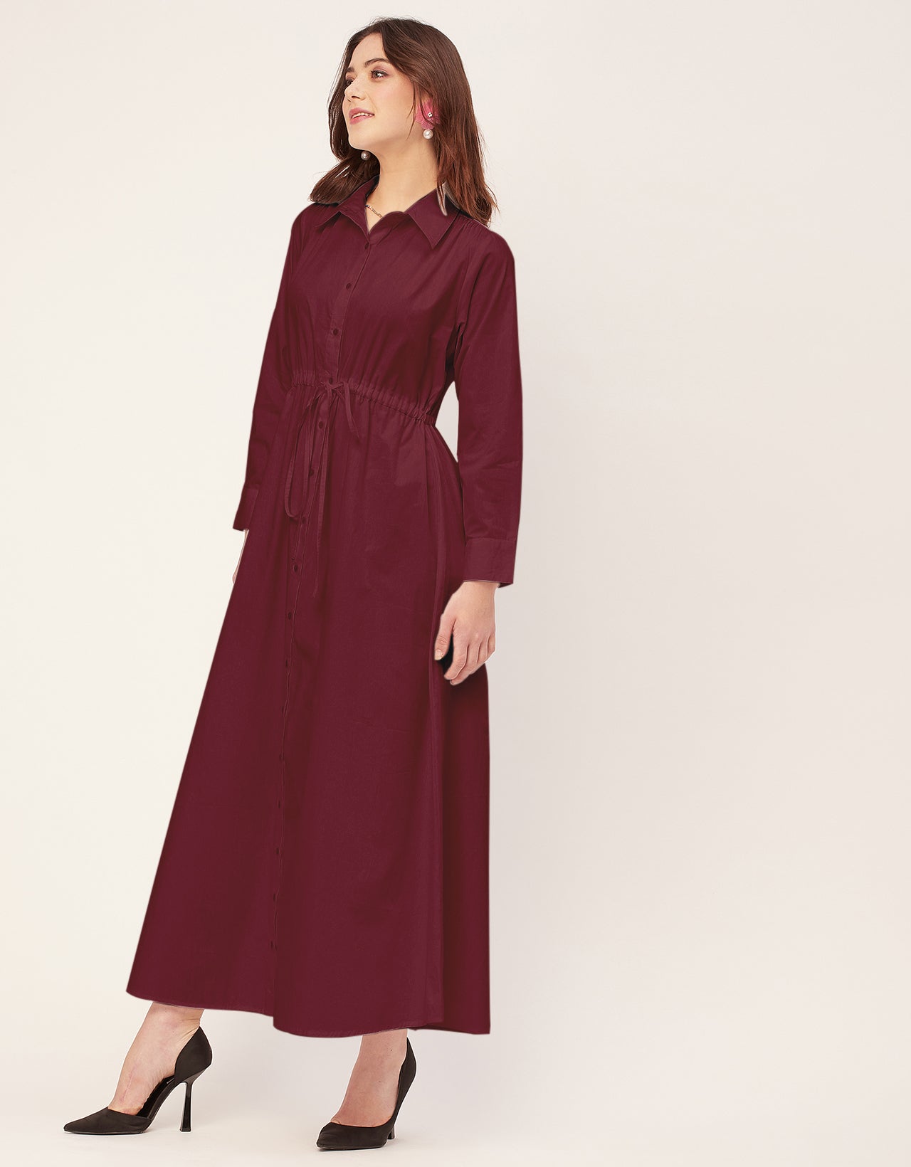 Classic Solid Cotton Long Sleeve A-Line Dress