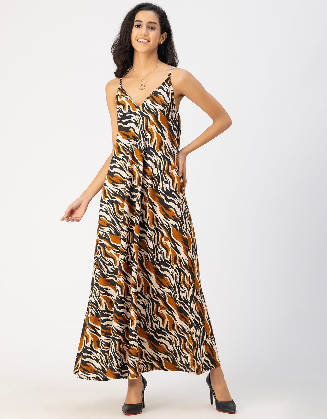 Stylish Printed Rayon Sleeveless A-Line Dress