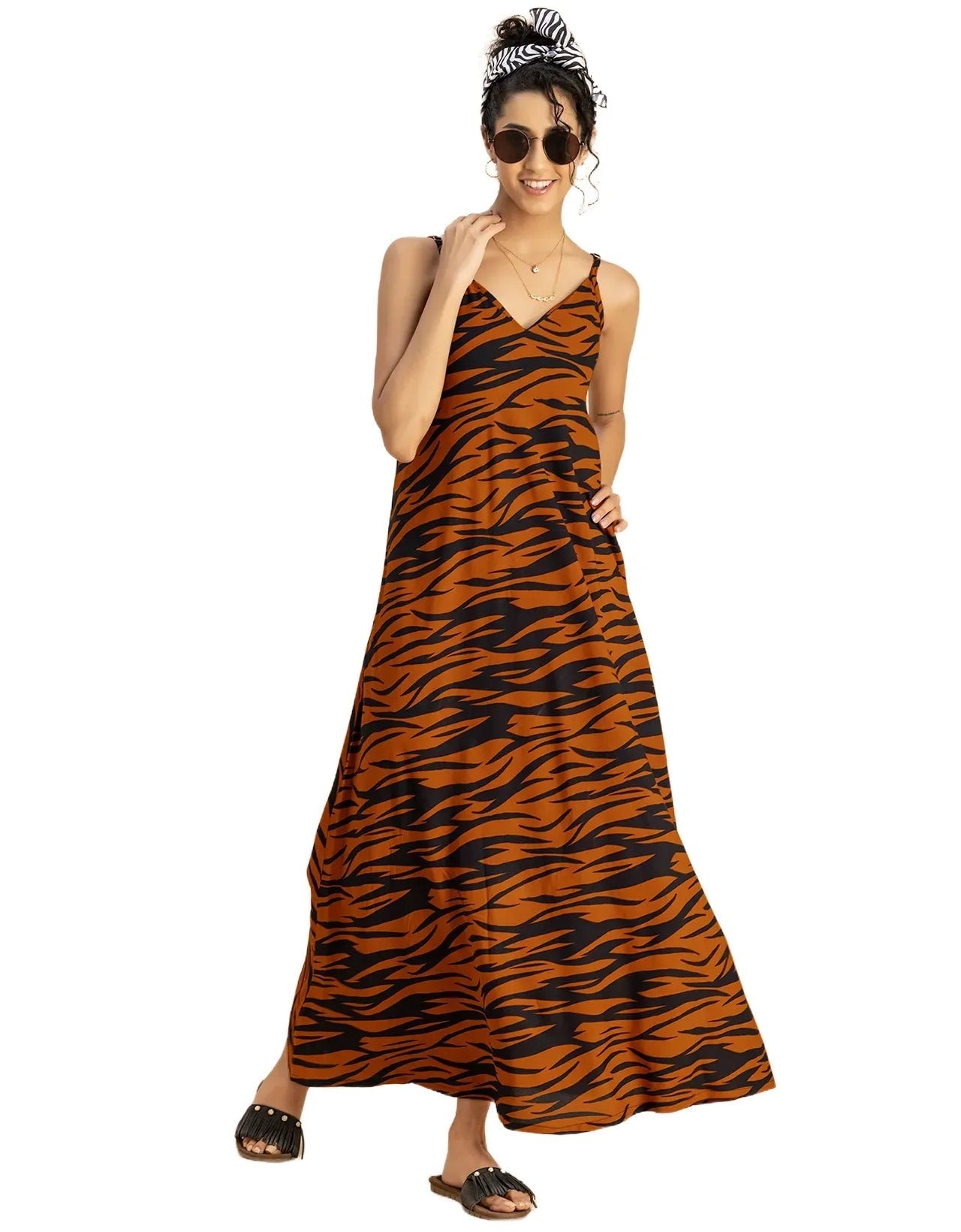 Stylish Printed Rayon Sleeveless A-Line Dress