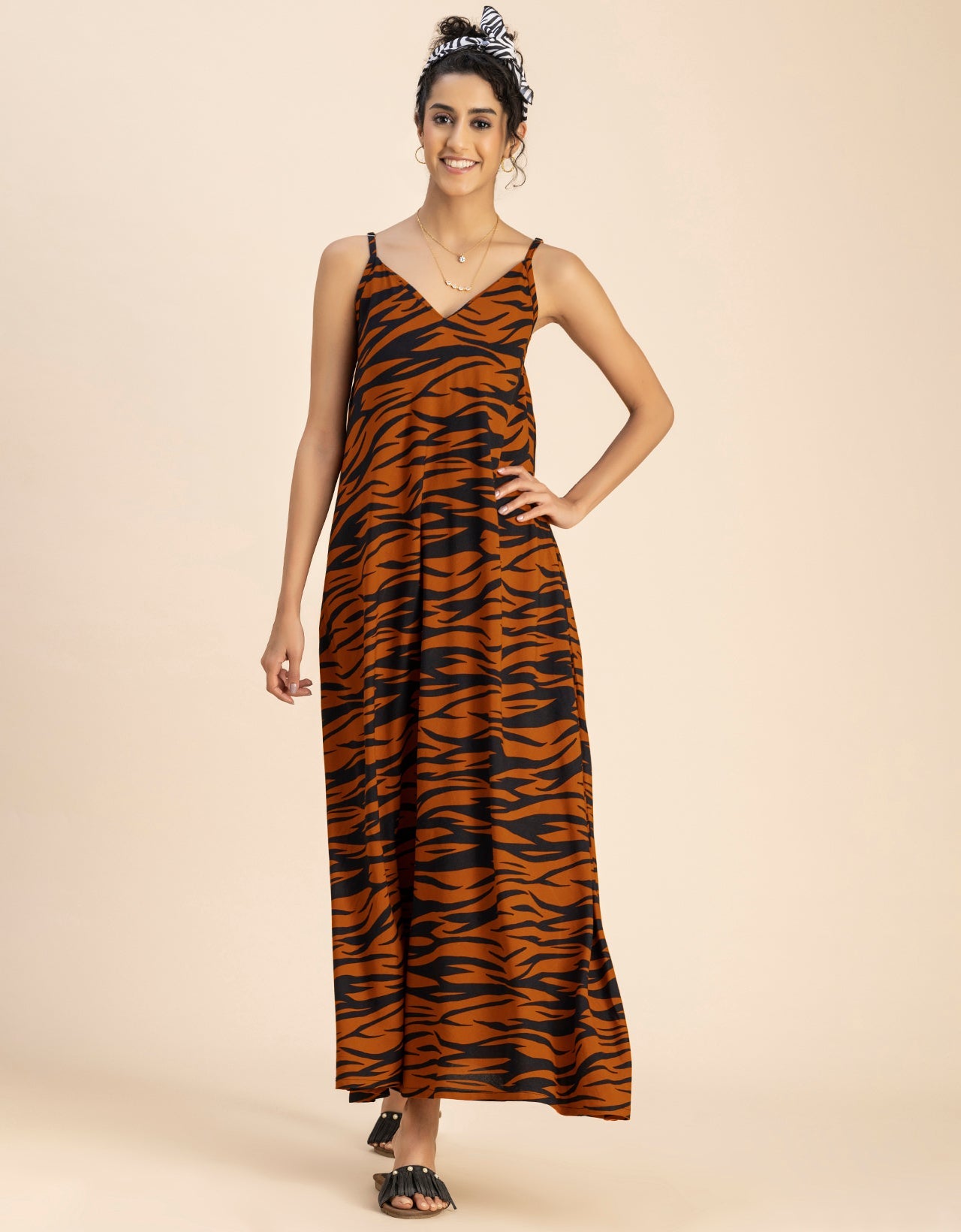 Stylish Printed Rayon Sleeveless A-Line Dress