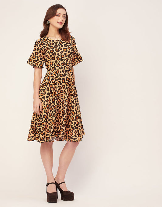 Printed Rayon Short Sleeve Fit & Flare Dress