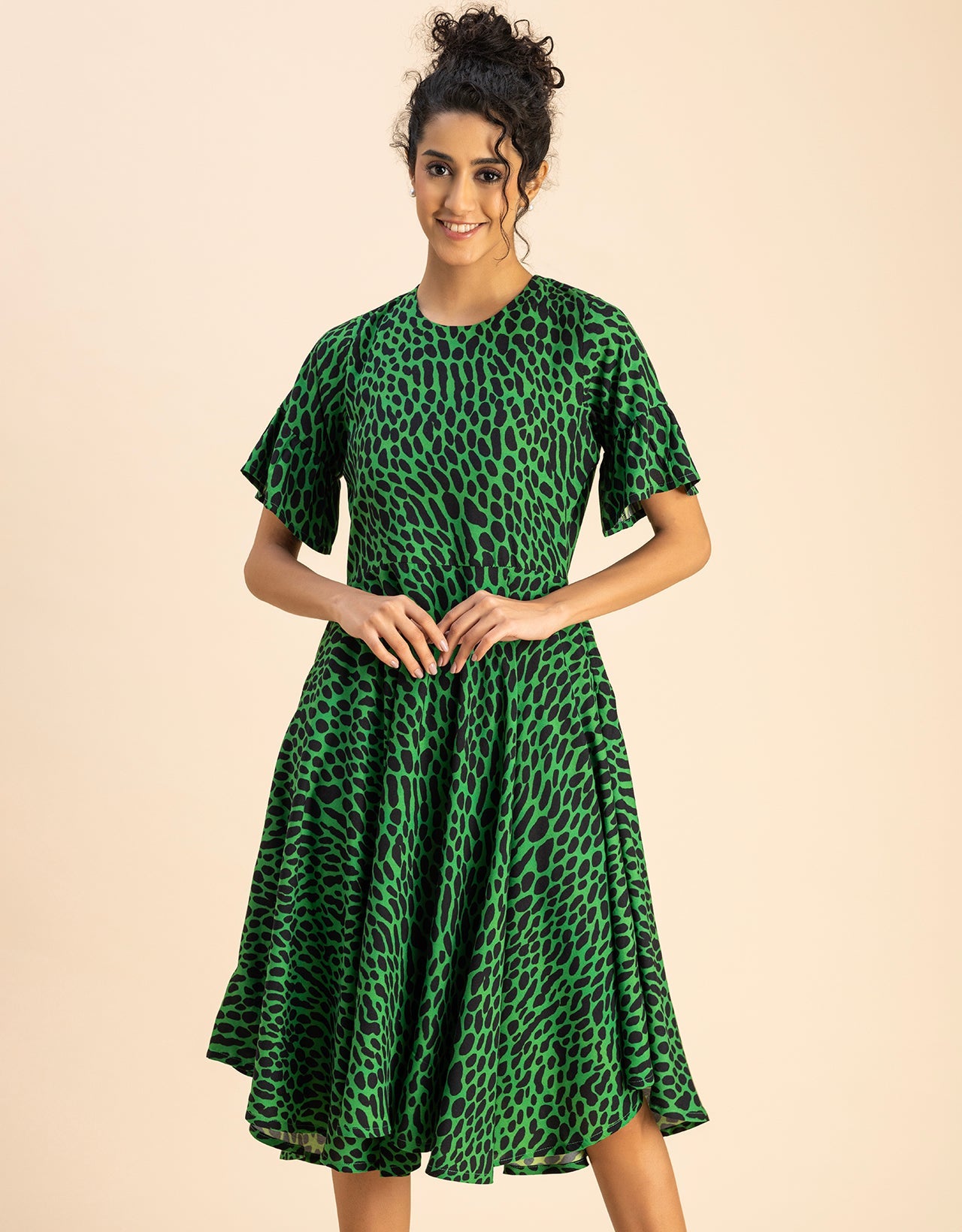 Printed Rayon Short Sleeve Fit & Flare Dress