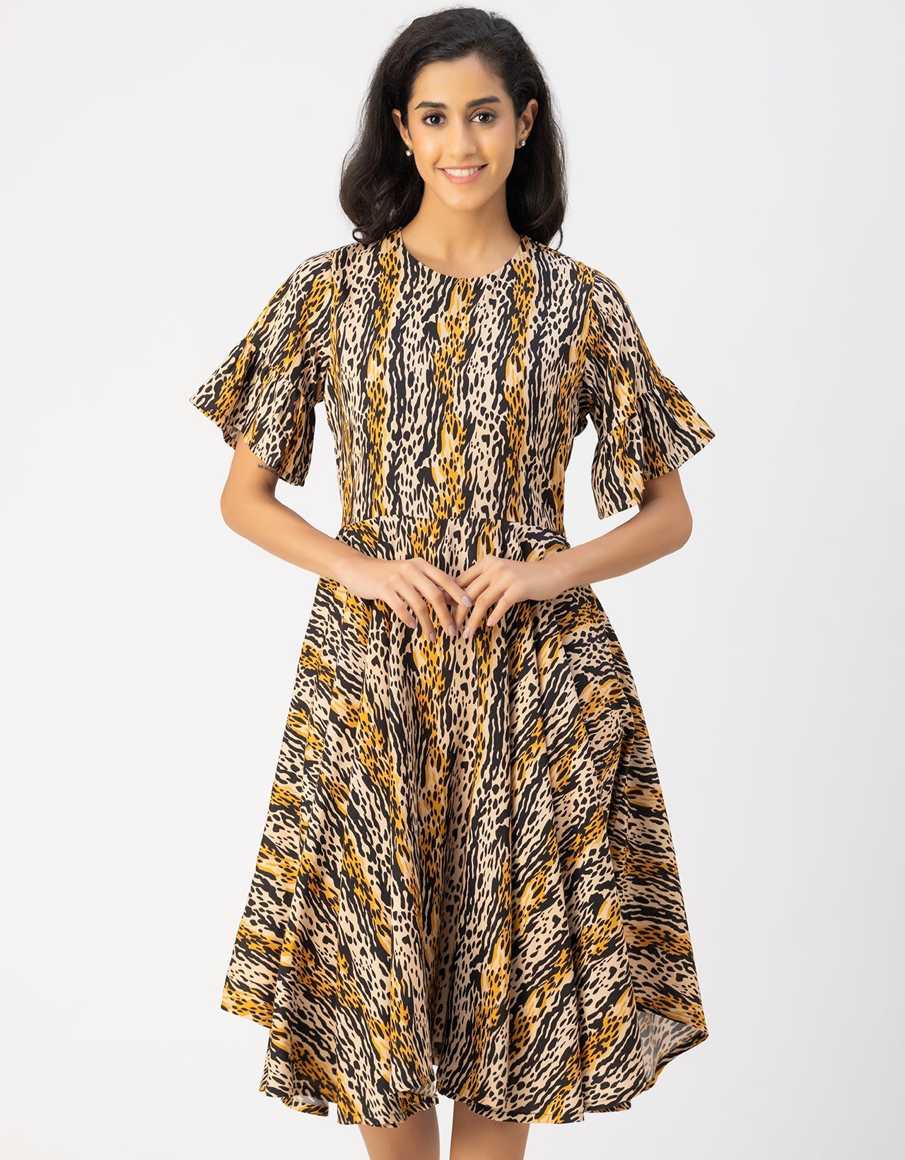 Printed Rayon Short Sleeve Fit & Flare Dress