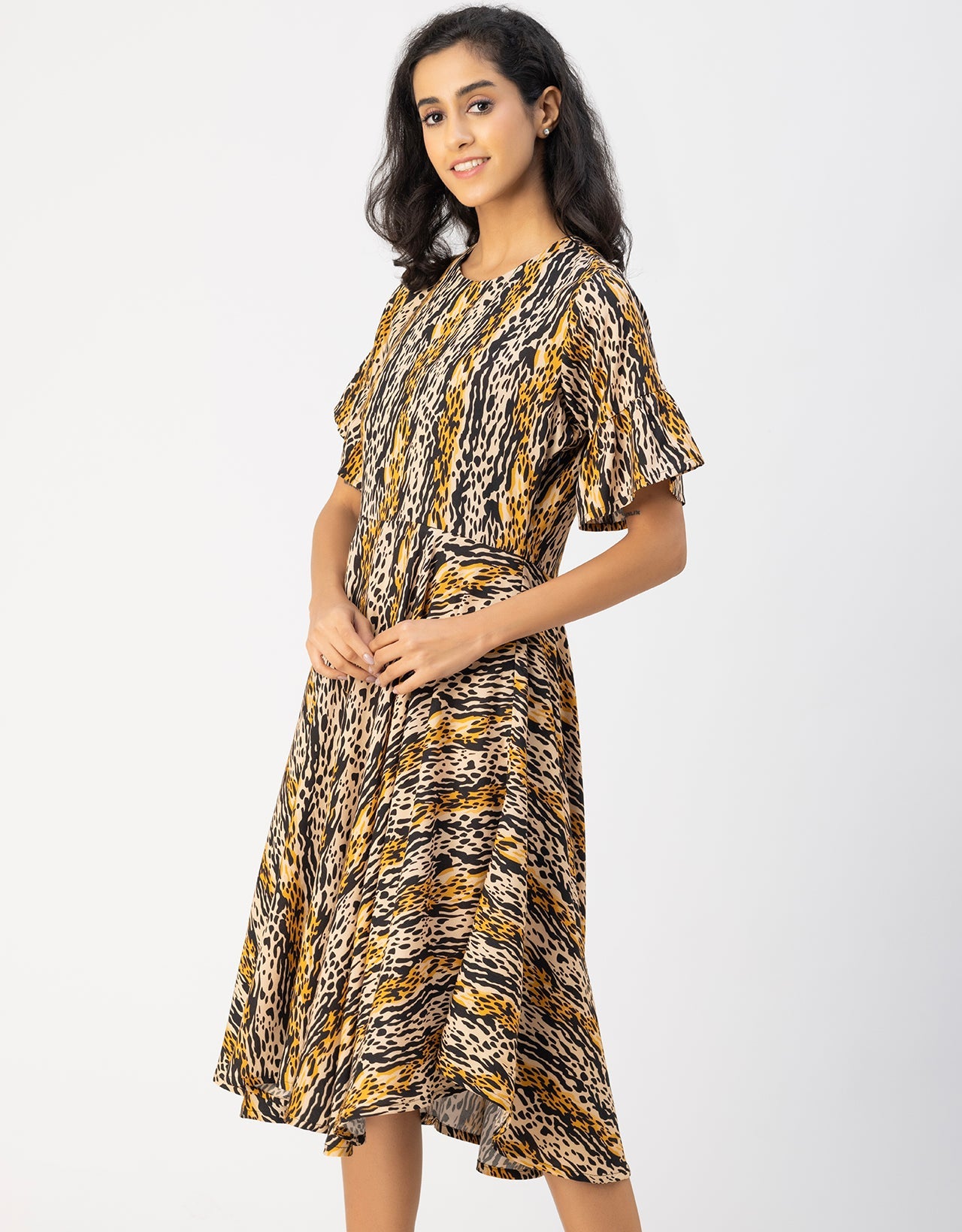 Printed Rayon Short Sleeve Fit & Flare Dress