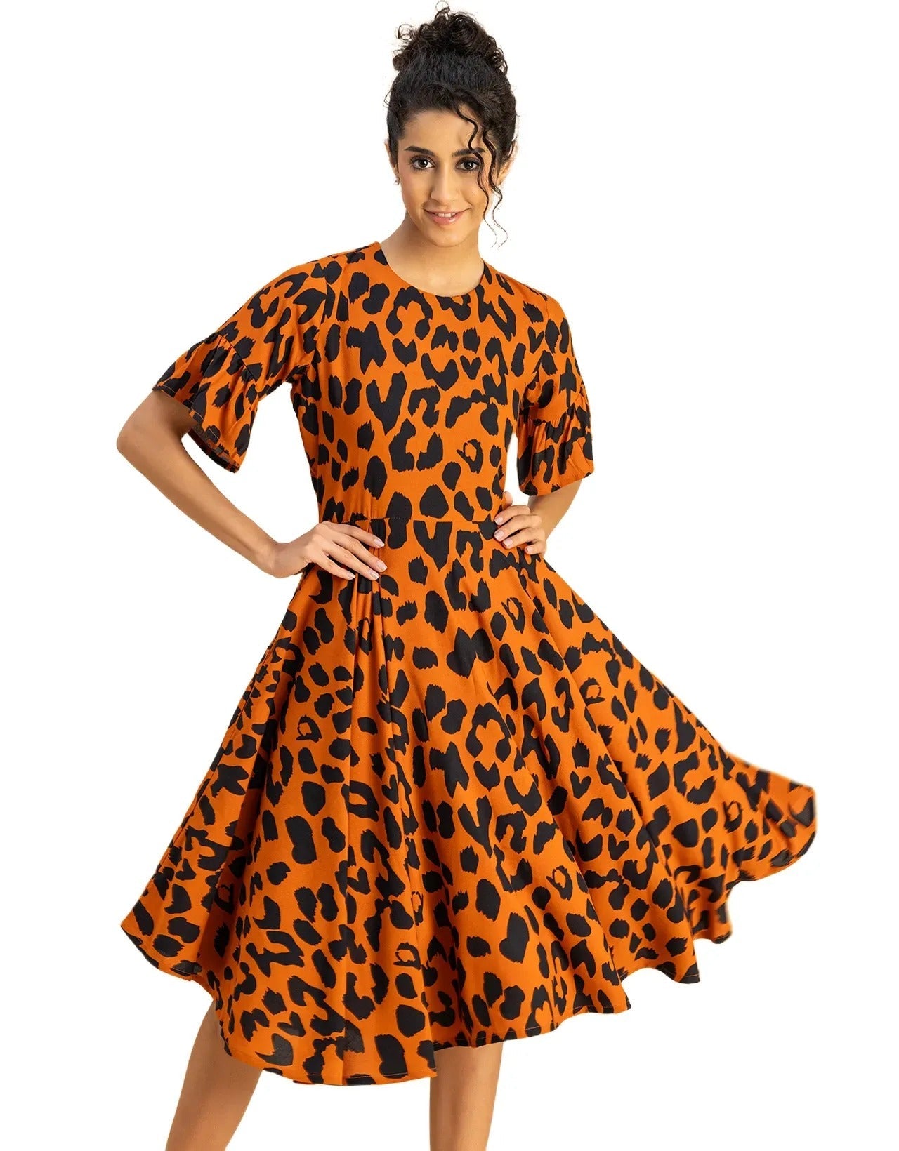 Printed Rayon Short Sleeve Fit & Flare Dress