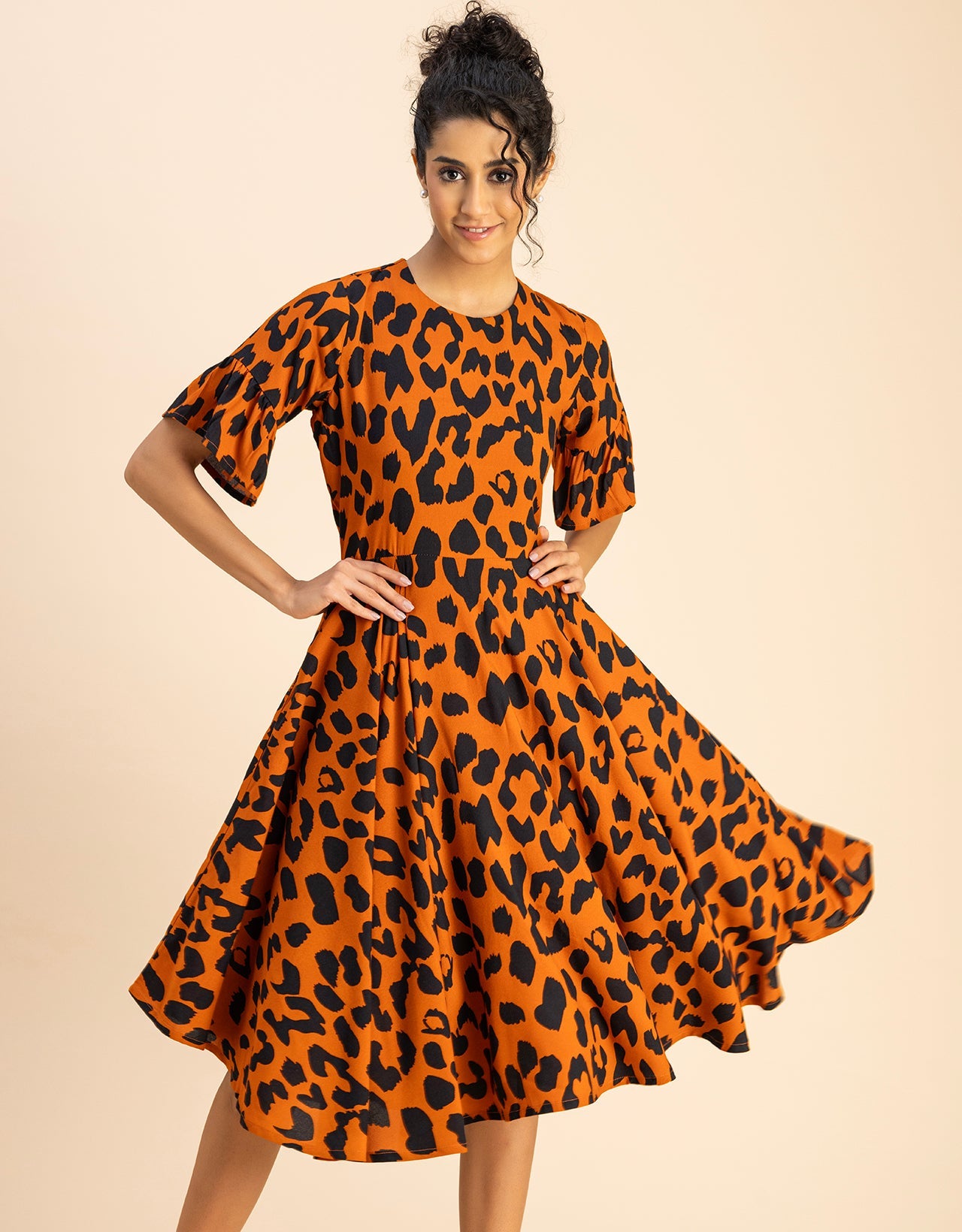 Printed Rayon Short Sleeve Fit & Flare Dress