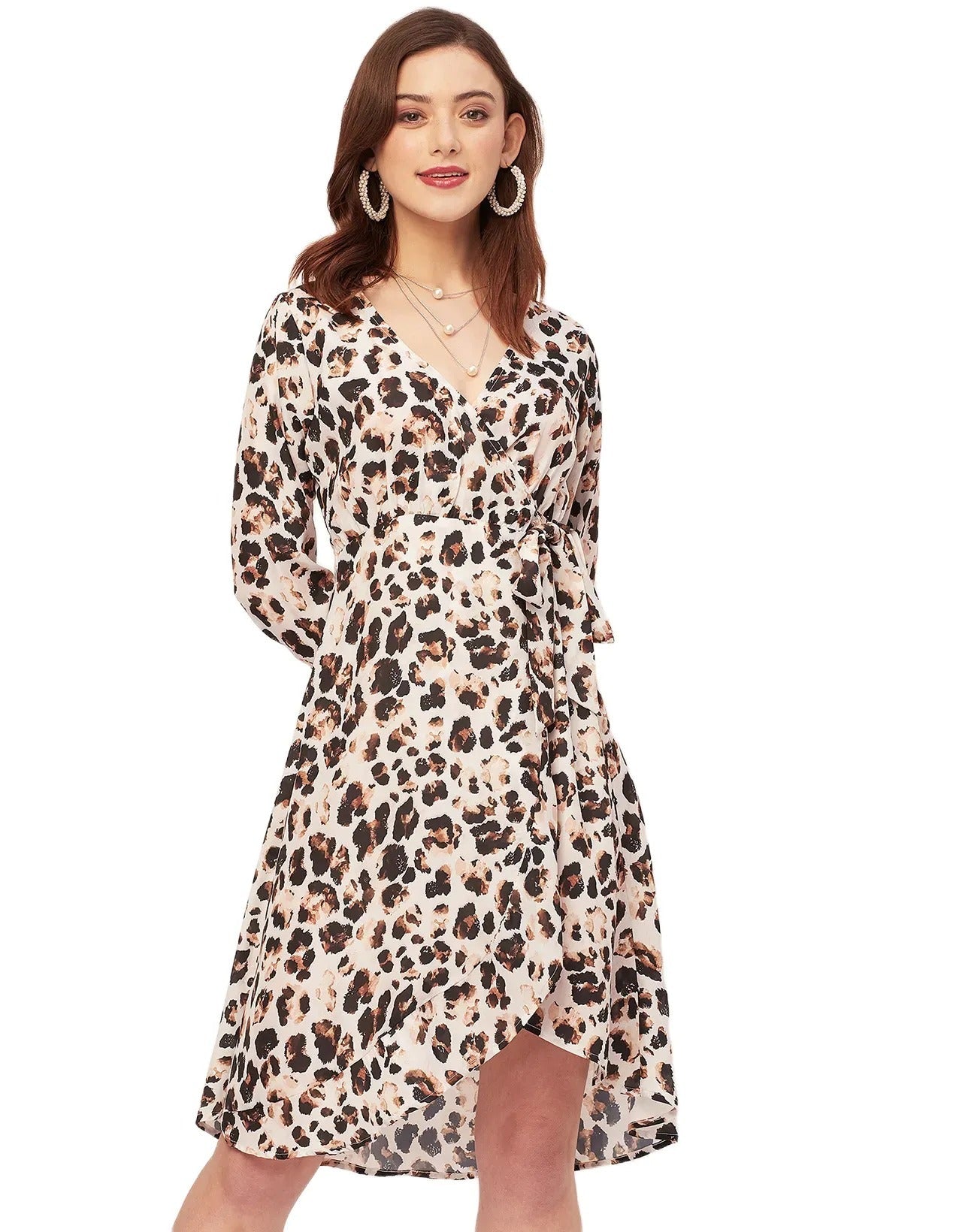 Slim Fit Printed Long Sleeve Wrap Dress