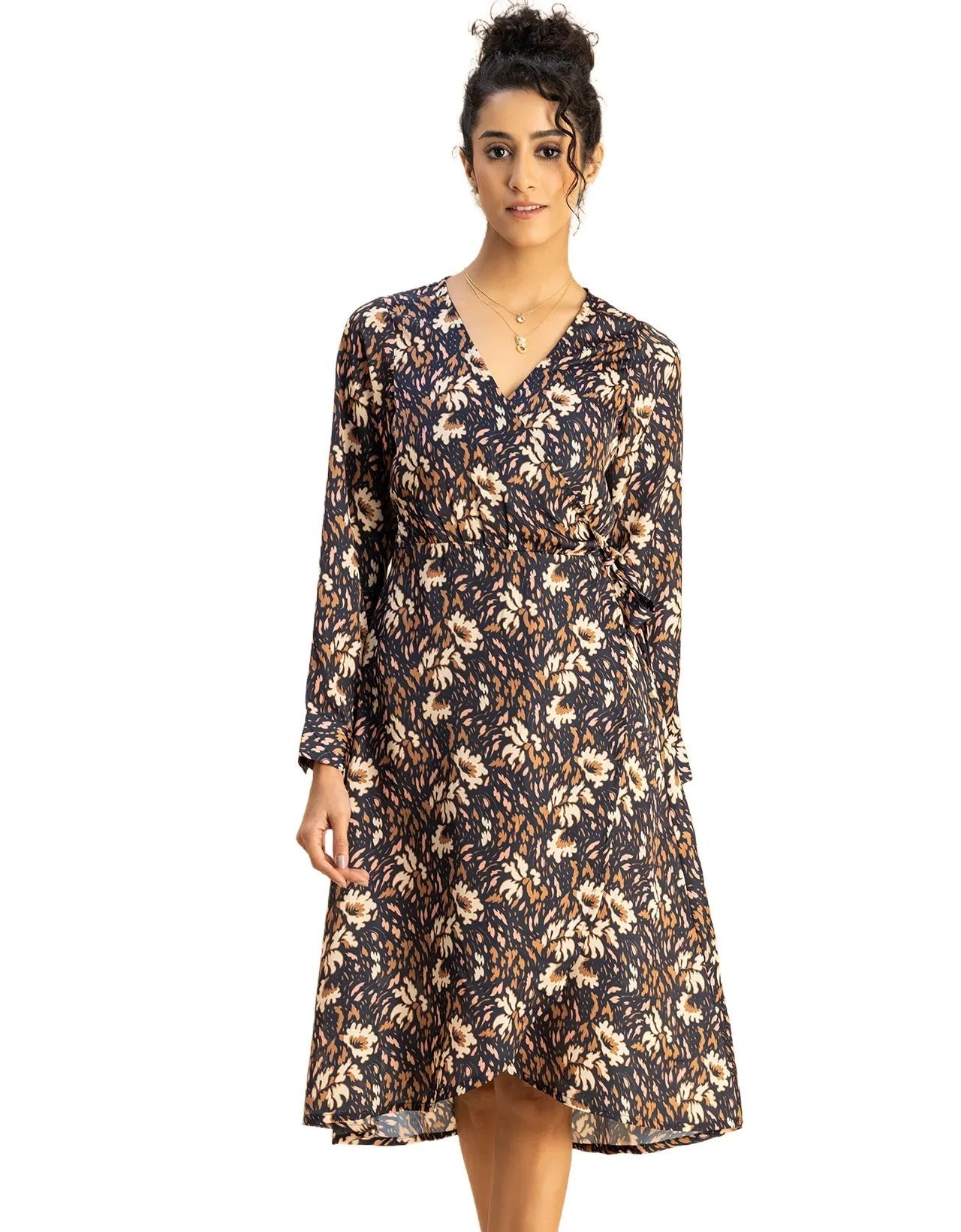 Slim Fit Printed Long Sleeve Wrap Dress