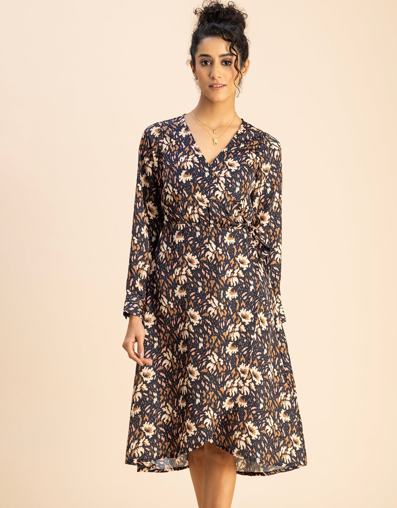 Slim Fit Printed Long Sleeve Wrap Dress