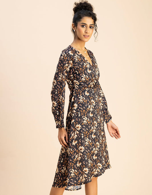 Slim Fit Printed Long Sleeve Wrap Dress