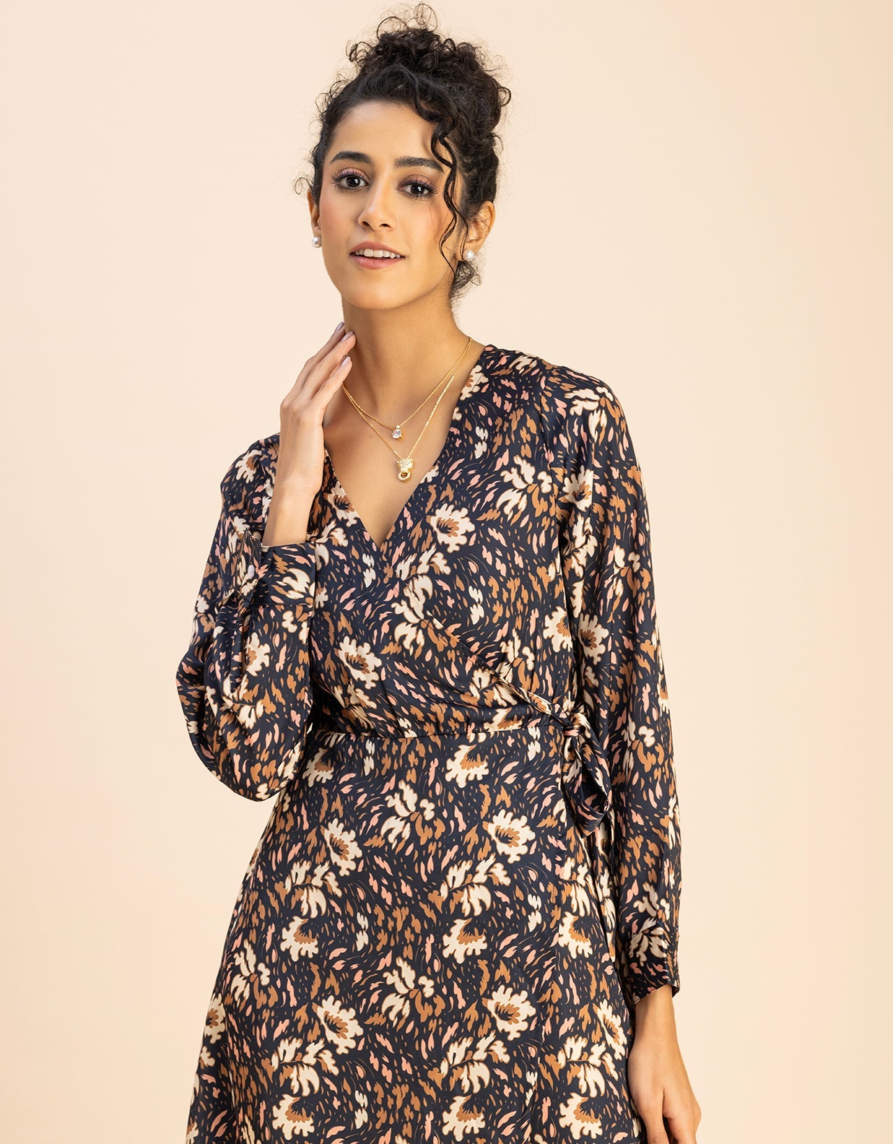 Slim Fit Printed Long Sleeve Wrap Dress