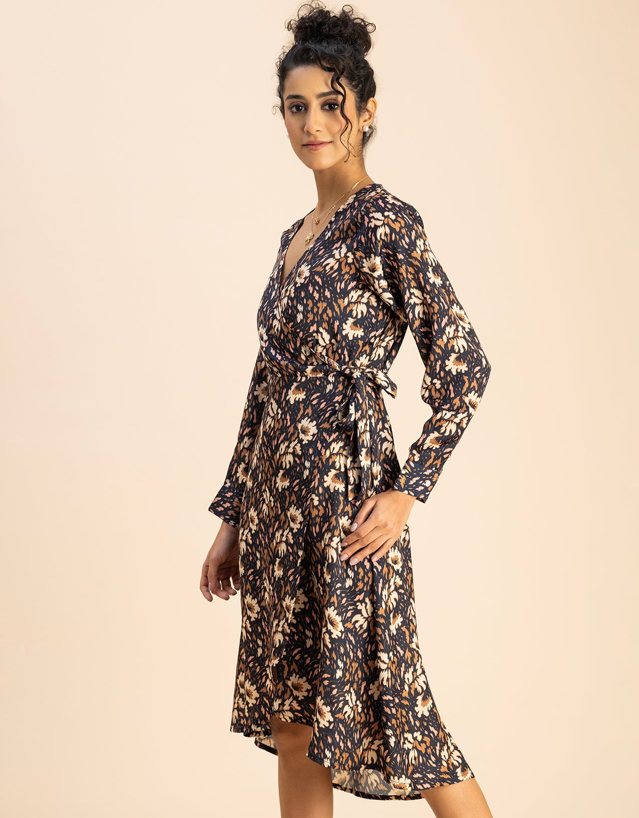 Slim Fit Printed Long Sleeve Wrap Dress