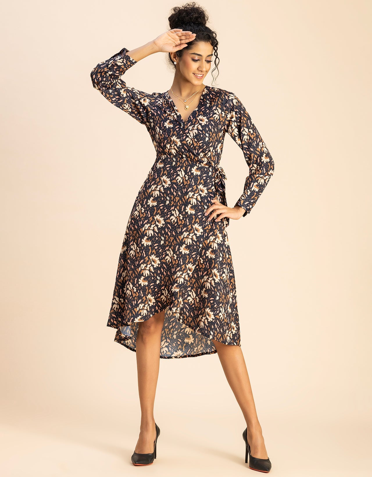 Slim Fit Printed Long Sleeve Wrap Dress