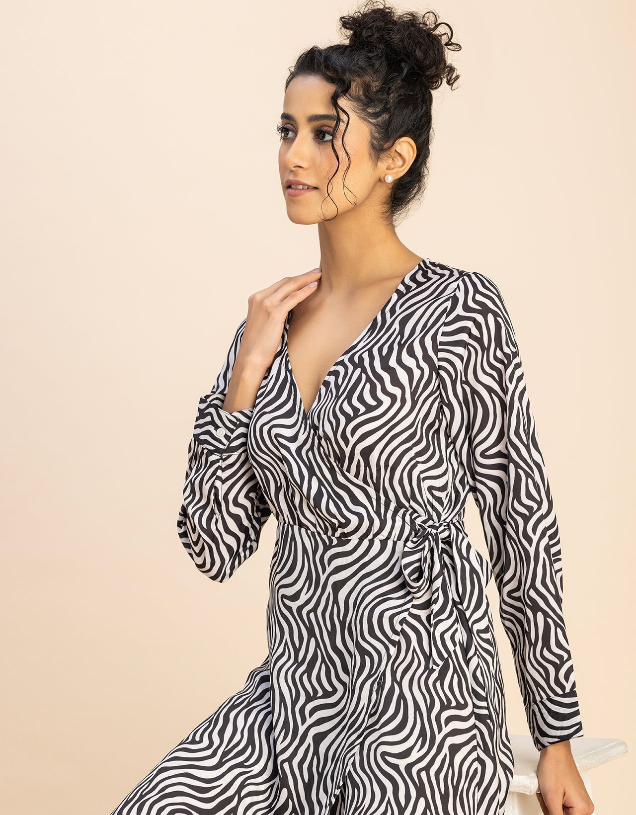 Slim Fit Printed Long Sleeve Wrap Dress