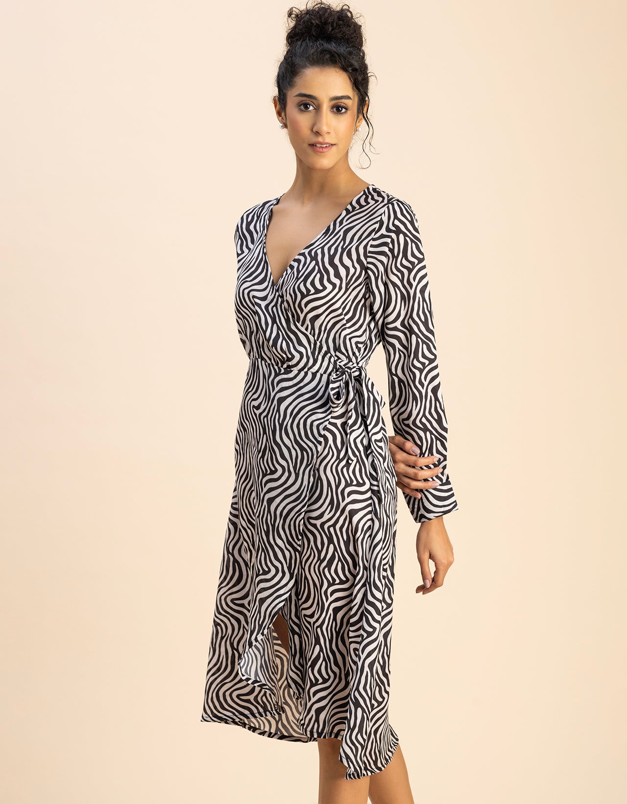 Slim Fit Printed Long Sleeve Wrap Dress