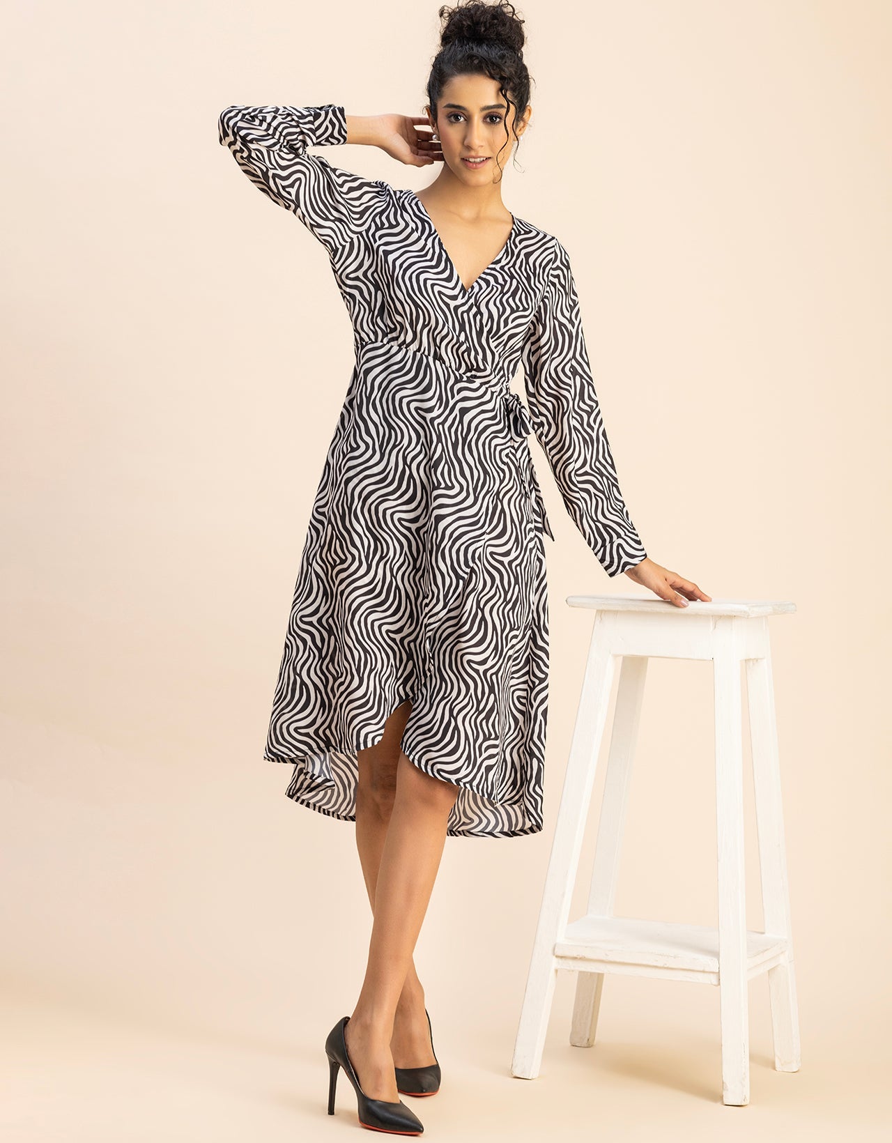 Slim Fit Printed Long Sleeve Wrap Dress