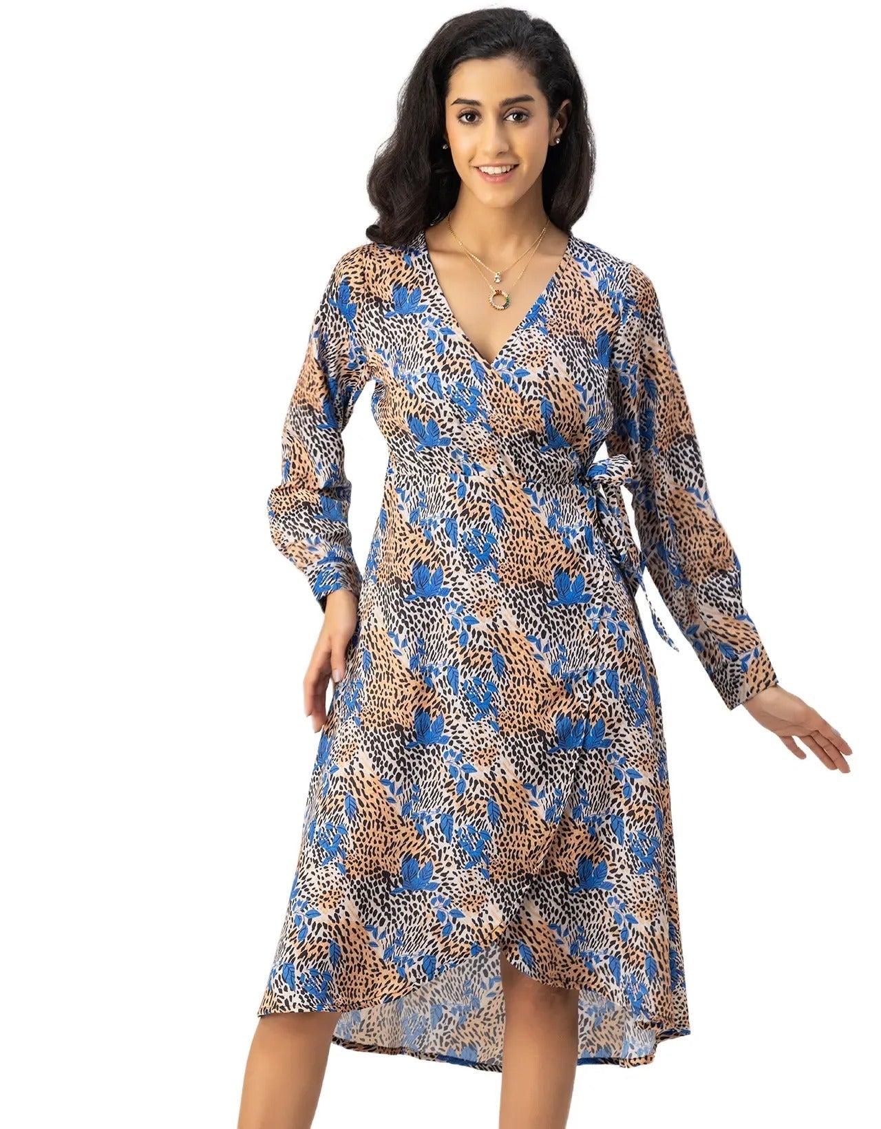 Slim Fit Printed Long Sleeve Wrap Dress