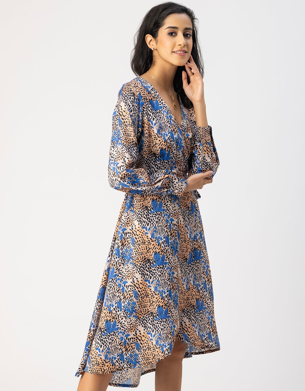 Slim Fit Printed Long Sleeve Wrap Dress