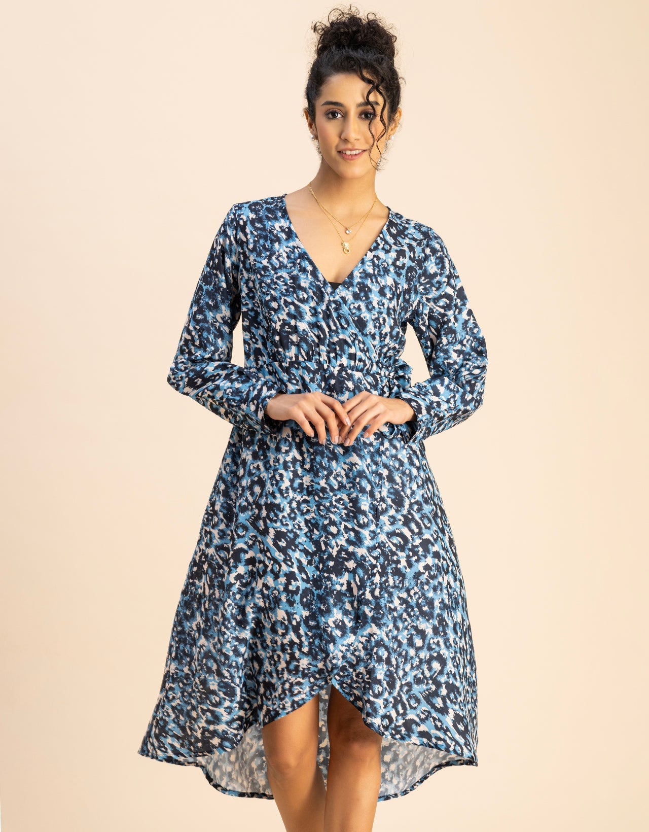 Slim Fit Printed Long Sleeve Wrap Dress
