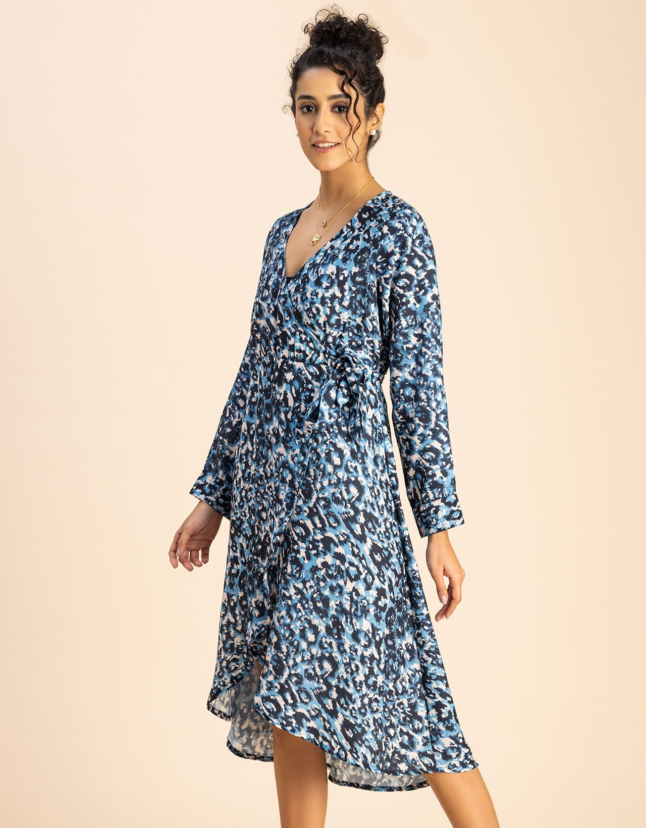 Slim Fit Printed Long Sleeve Wrap Dress