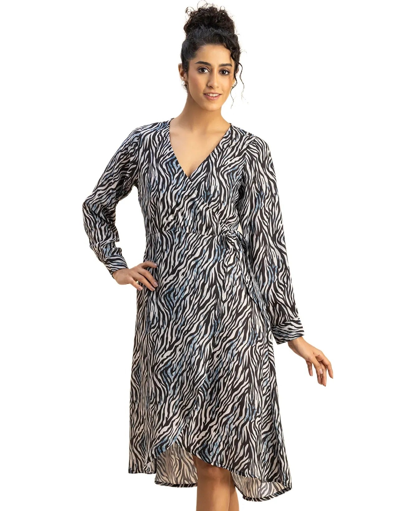 Slim Fit Printed Long Sleeve Wrap Dress
