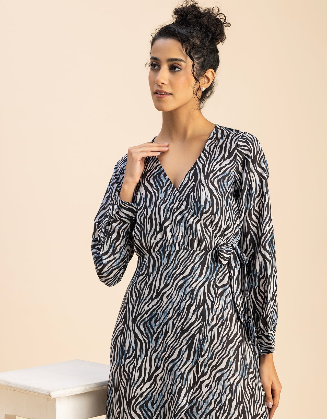 Slim Fit Printed Long Sleeve Wrap Dress