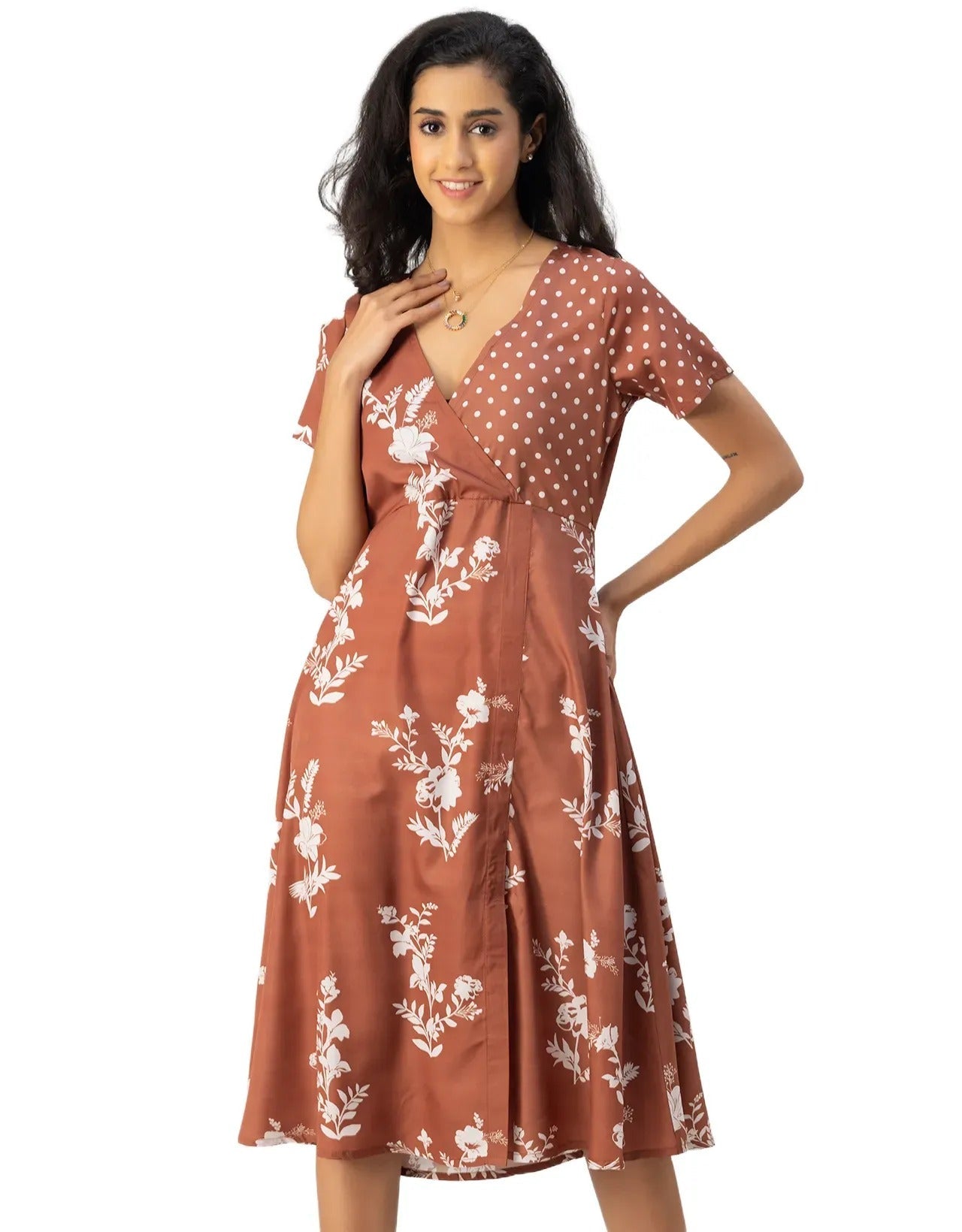 Short Sleeve V Neck A-Line Printed Dress