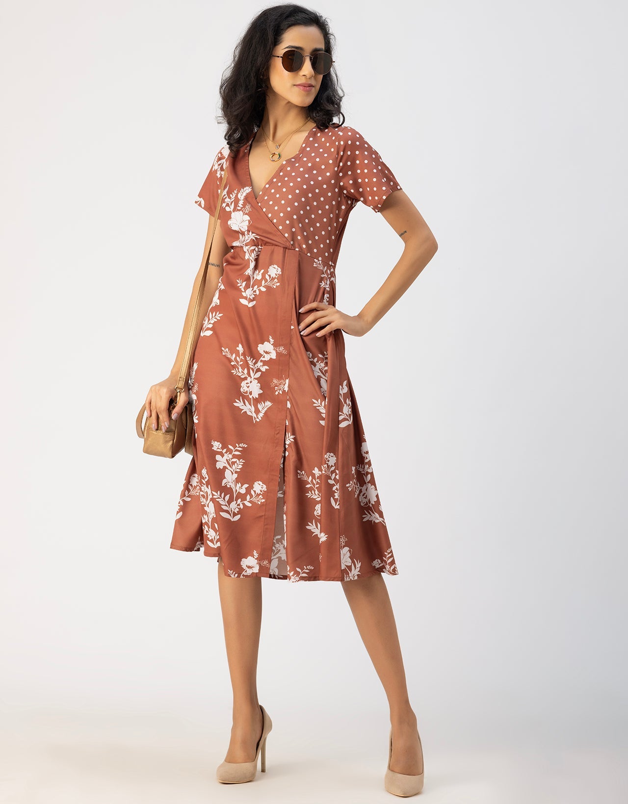 Short Sleeve V Neck A-Line Printed Dress