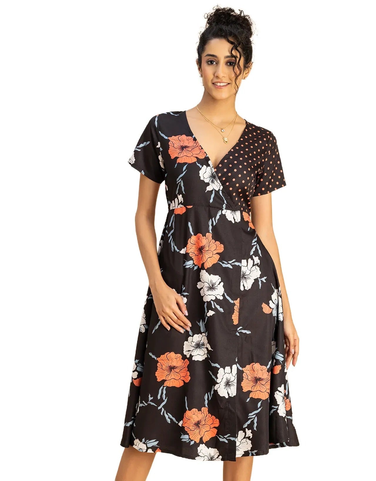 Short Sleeve V Neck A-Line Printed Dress