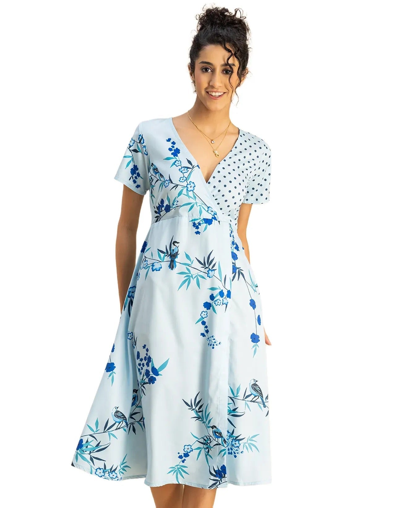 Short Sleeve V Neck A-Line Printed Dress
