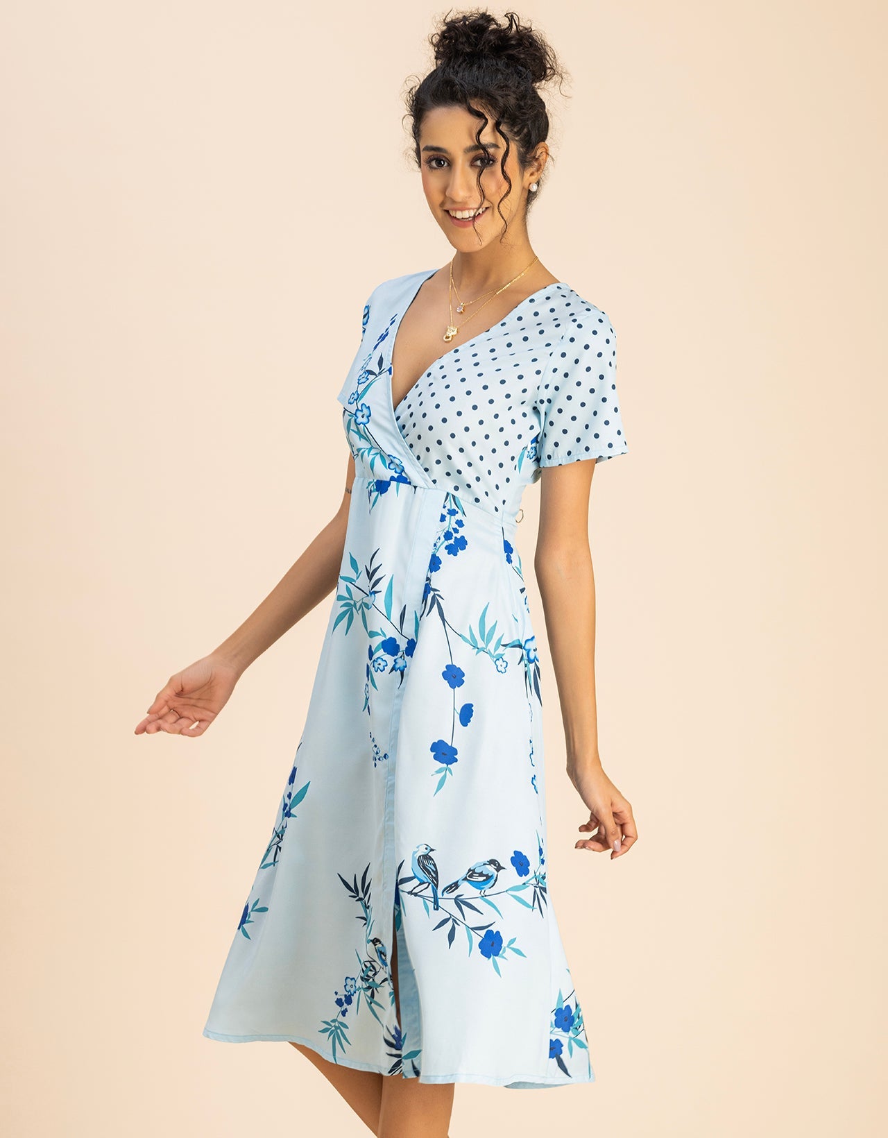 Short Sleeve V Neck A-Line Printed Dress