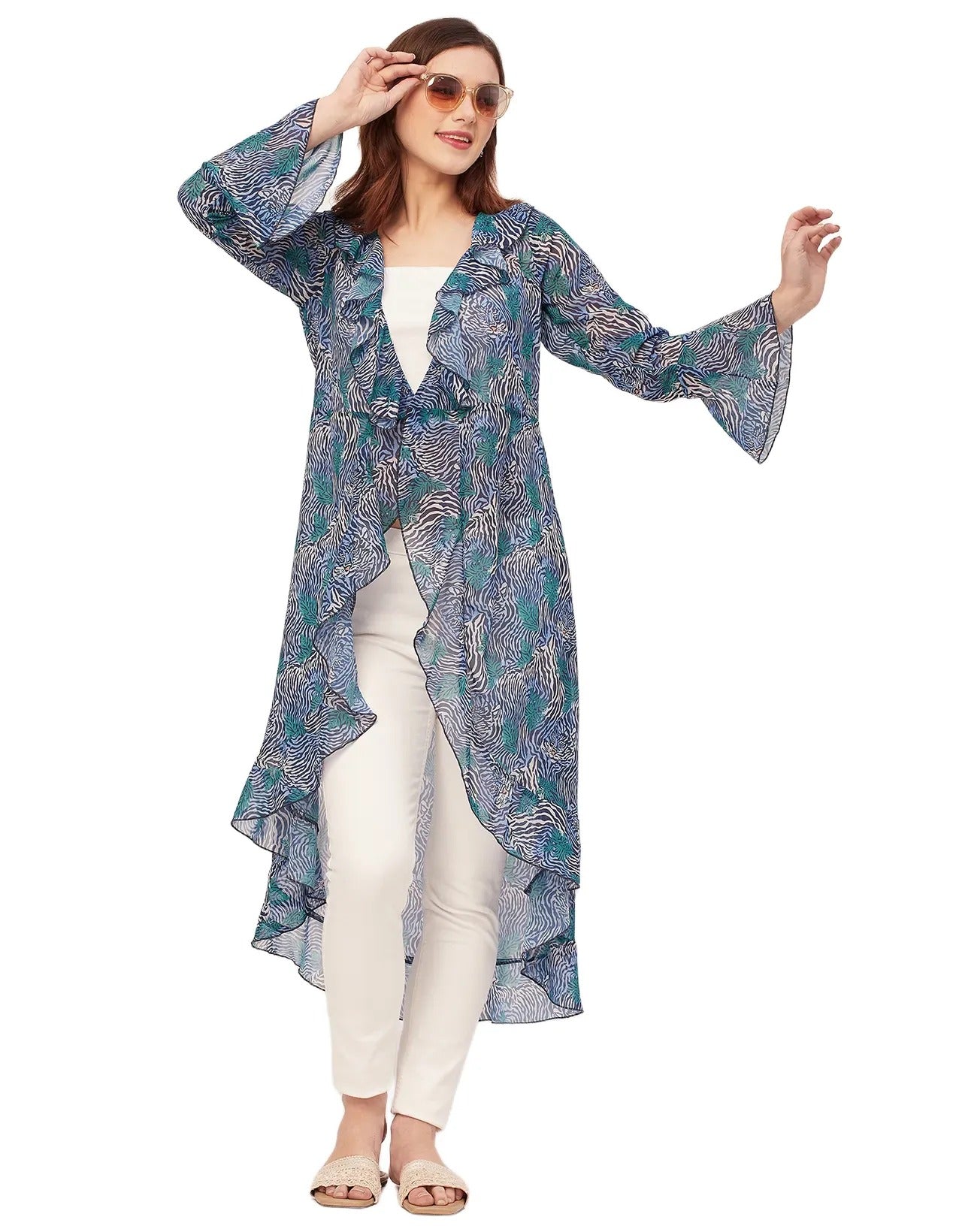 Long Sleeves V Neck Ruffle Printed Shrug